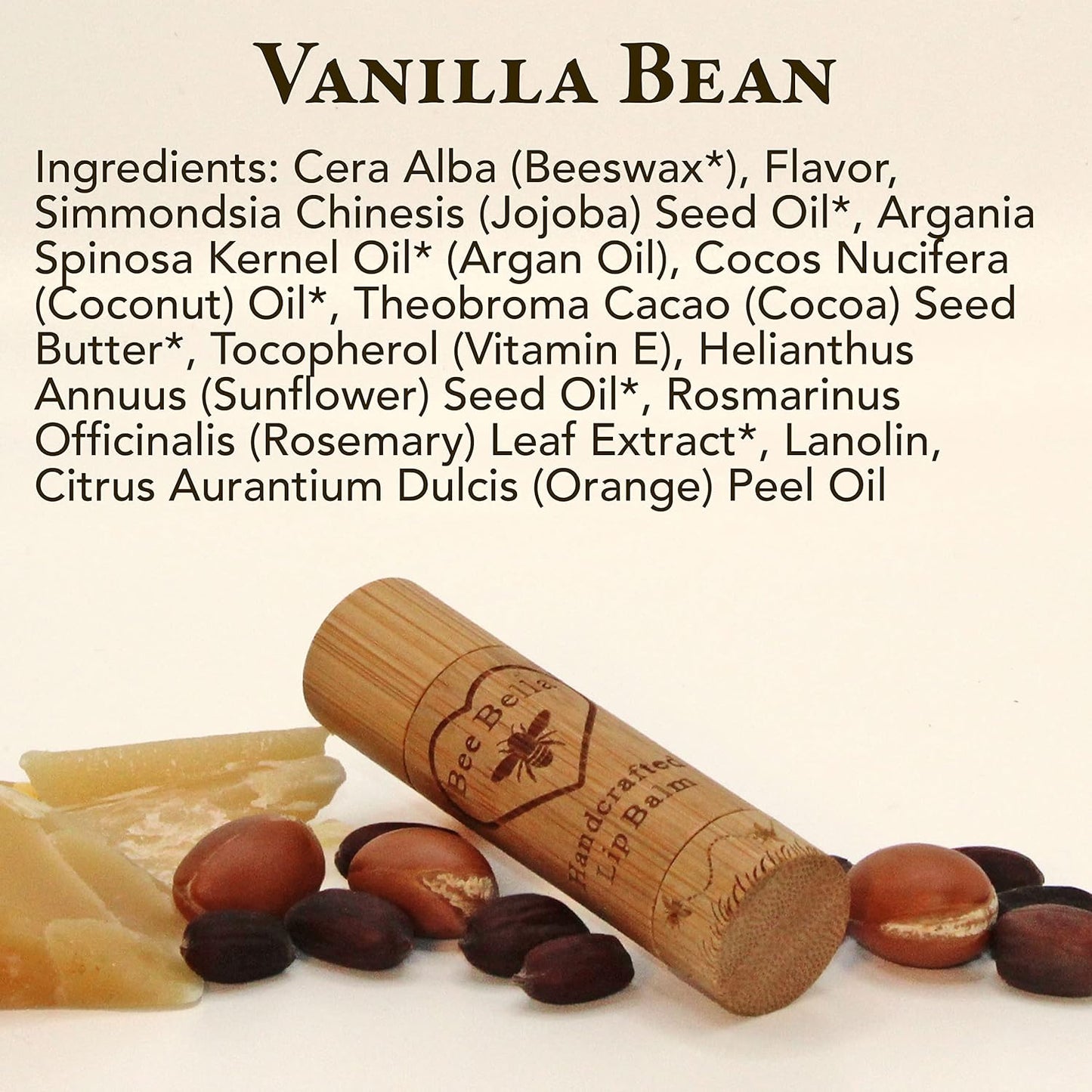Bee Bella Lip Balm, Vanilla Bean, 3 Pack, Moisturizing Lip Care, 100% Natural, Original Organic Beeswax with Vitamin E, Handmade in USA