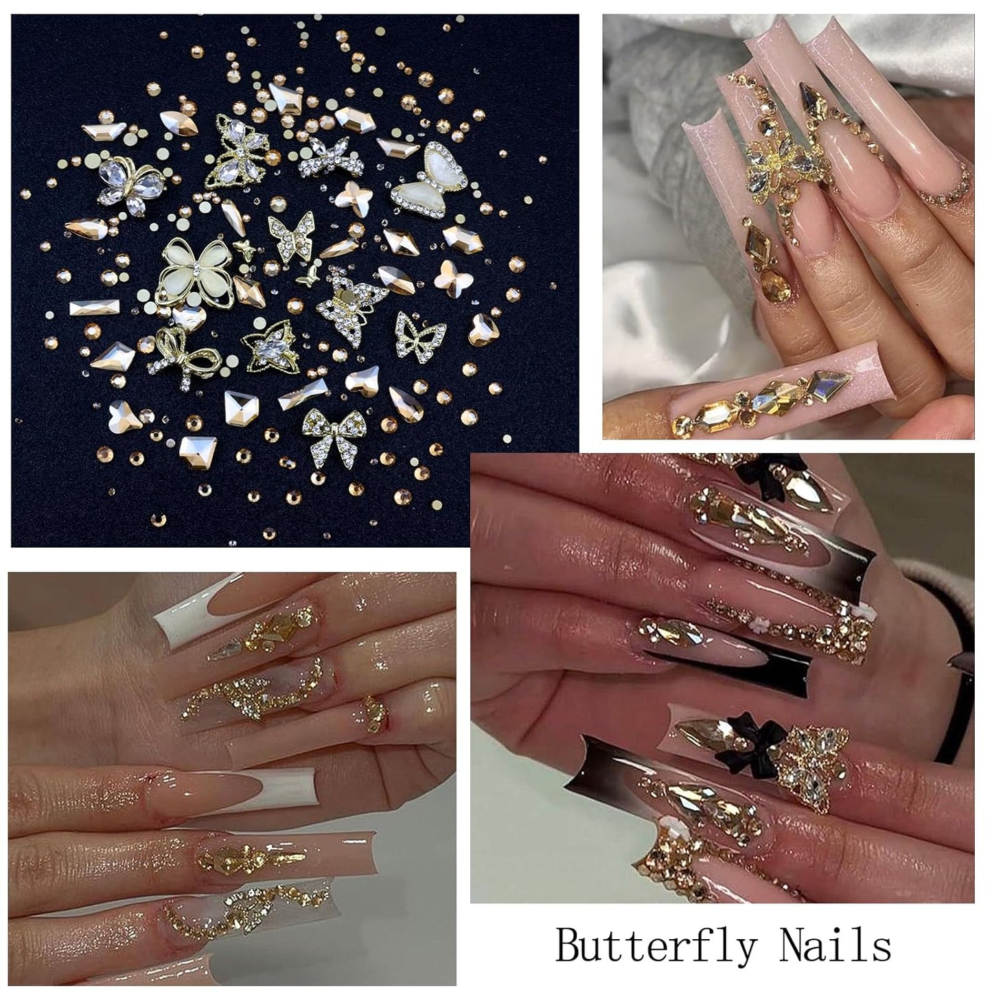 Nail Art Charms Rhinestones with Glue Gel Champagne Nail Rhinestones Supplies Accessories Gold Butterfly Multi Shape Crystal AB Rhinestone Nails Gems Jewelry for Women Nails Design