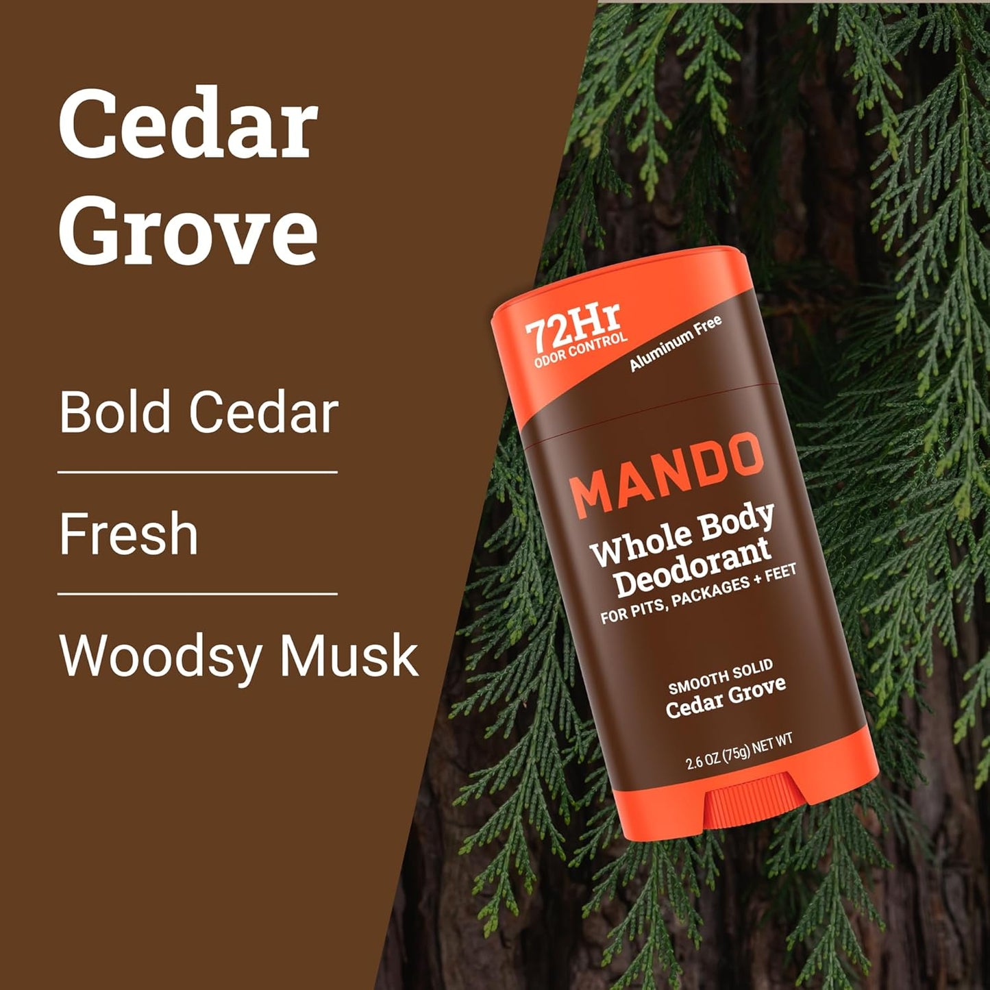 Mando Whole Body Deodorant For Men - Smooth Solid Stick - 72 Hour Odor Control - Aluminum Free, Baking Soda Free, Skin Safe - 2.6 Ounce (Pack of 2) - Cedar Grove