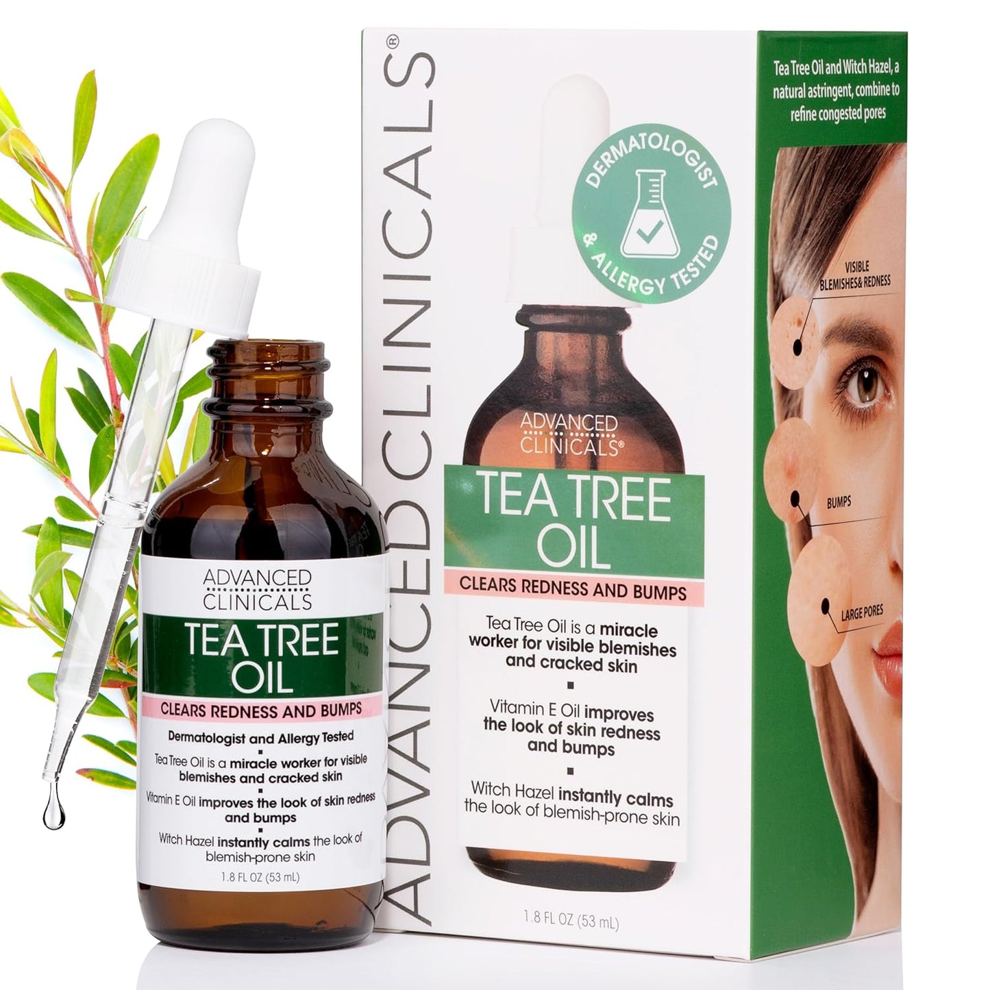 Advanced Clinicals Tea Tree Oil For Skin | Acne Patch Vegan Facial Serum | Targets Redness, Bumps, Acne Scars | Vegan 100% Organic Pure Tea Tree Oil For Face W/Vitamin E & Witch Hazel, 1.8 Fl Oz