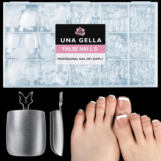 UNA GELLA Square Toe Nail Tips For Big Toe, 504Pcs 15Sizes Soft Gel Full Cover Toe Nail Tip Pre-buff Fake Acrylic Toe Nail Press Ons Soak Off Pedicure For Nail Extensions Home DIY Nail Salon