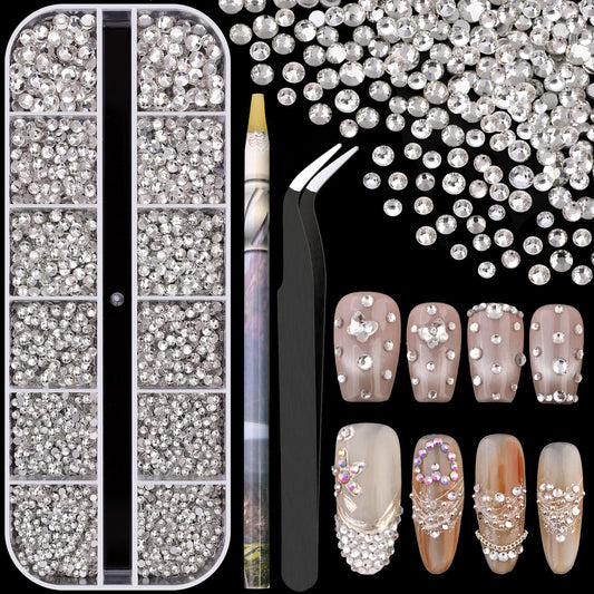 3600pcs Glass Transparent White Nail Rhinestones 6 Sizes(1.8/2/2.4/2.8/3/4mm) Flatback Crystal Nail Charms Jewels Decoration for Nail Art and Crafting, Tweezer and Pickup Pen included