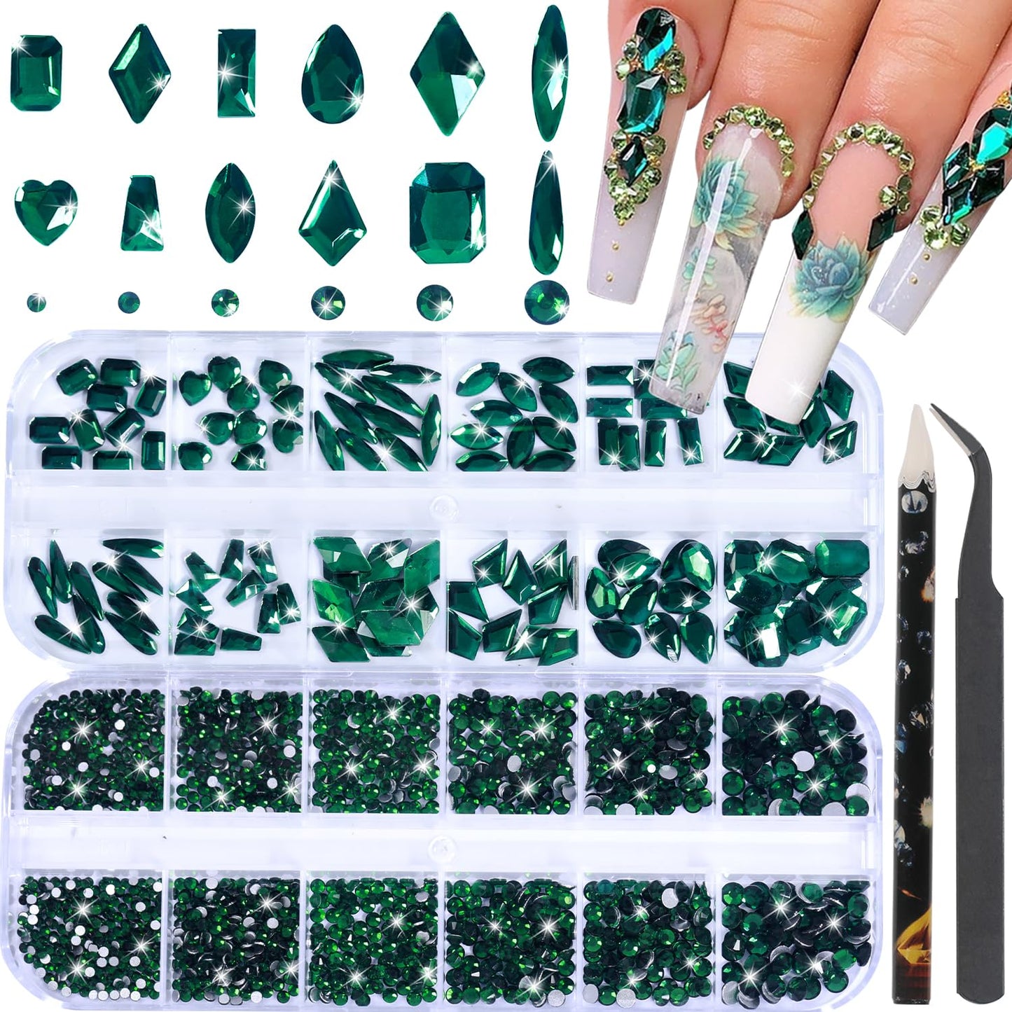 HNUIX Nail Rhinestones - 3D Multi Shape Size, Emerald Green Nail Gems, Flat Back, with Kit, for Nail Art, DIY Decorations