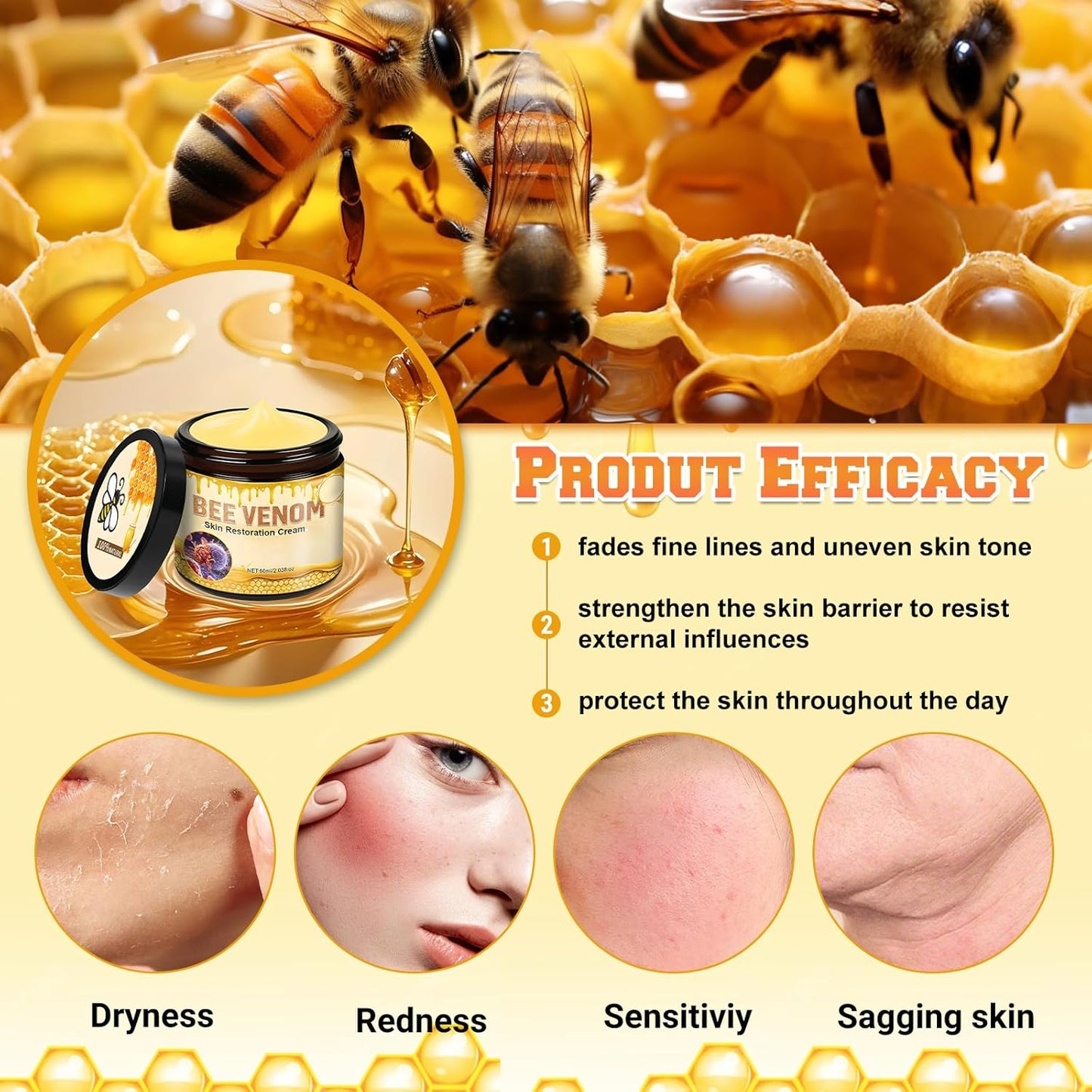 2PCS Bee Venom Skin Restoration Cream, Bee Venom Treatment Cream, Skin Treatment for Firming, Wrinkle Reduction & Moisturizing, Suitable for All Skin Types