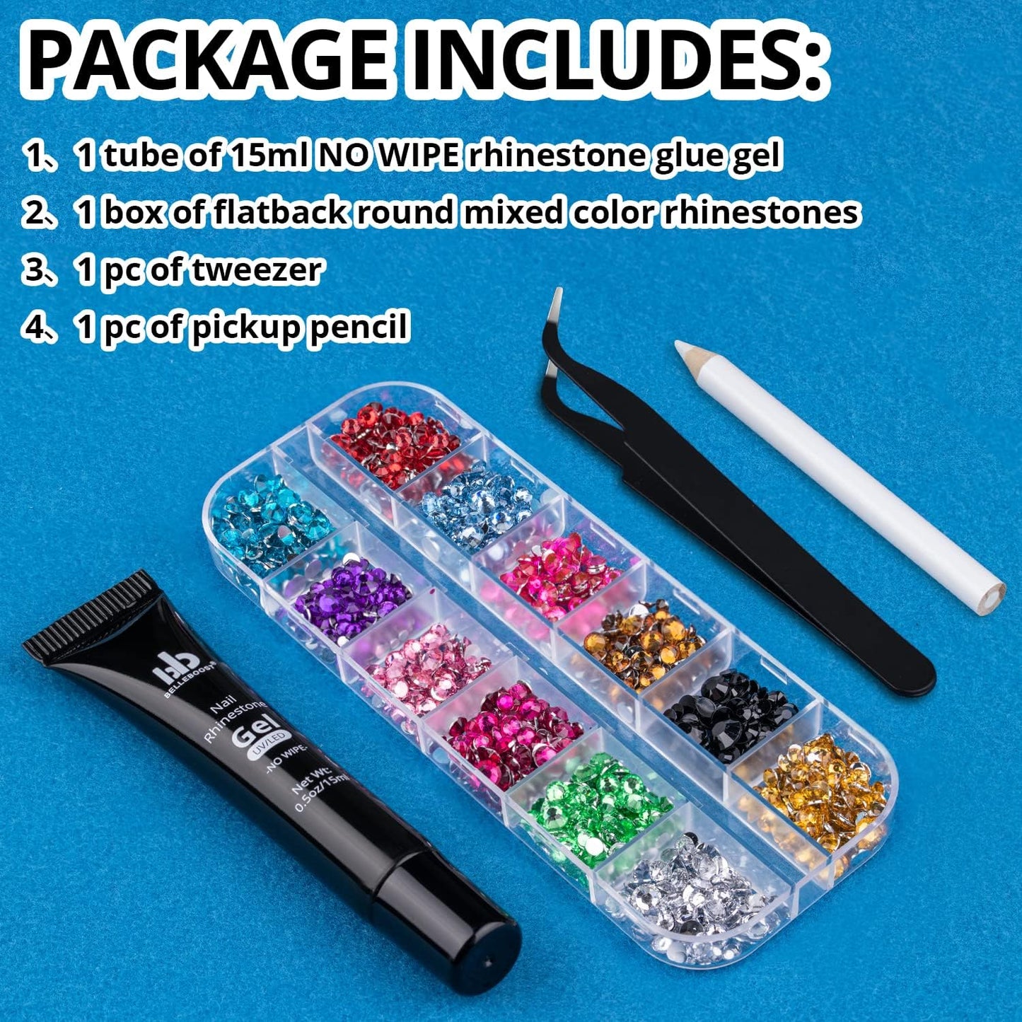 Nail Art Rhinestone Glue Gel&Flatback Gems Accessories Kit, 1 Tube of 15ml Rhinestone Gel Glue(UV/LED Needed)+1 Box of Flat-Back Round Mixed Color Gemstones with Pickup Pencil and Tweezer