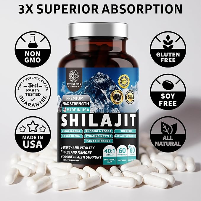 Pure Himalayan Shilajit for Women and Men 18250MG [50% Fulvic Acid] Better than Resin with Ashwagandha, Ginseng, Turmeric, Gingko Biloba, Stinging Nettle, Cordyceps to Support Energy & Stamina, 60Caps