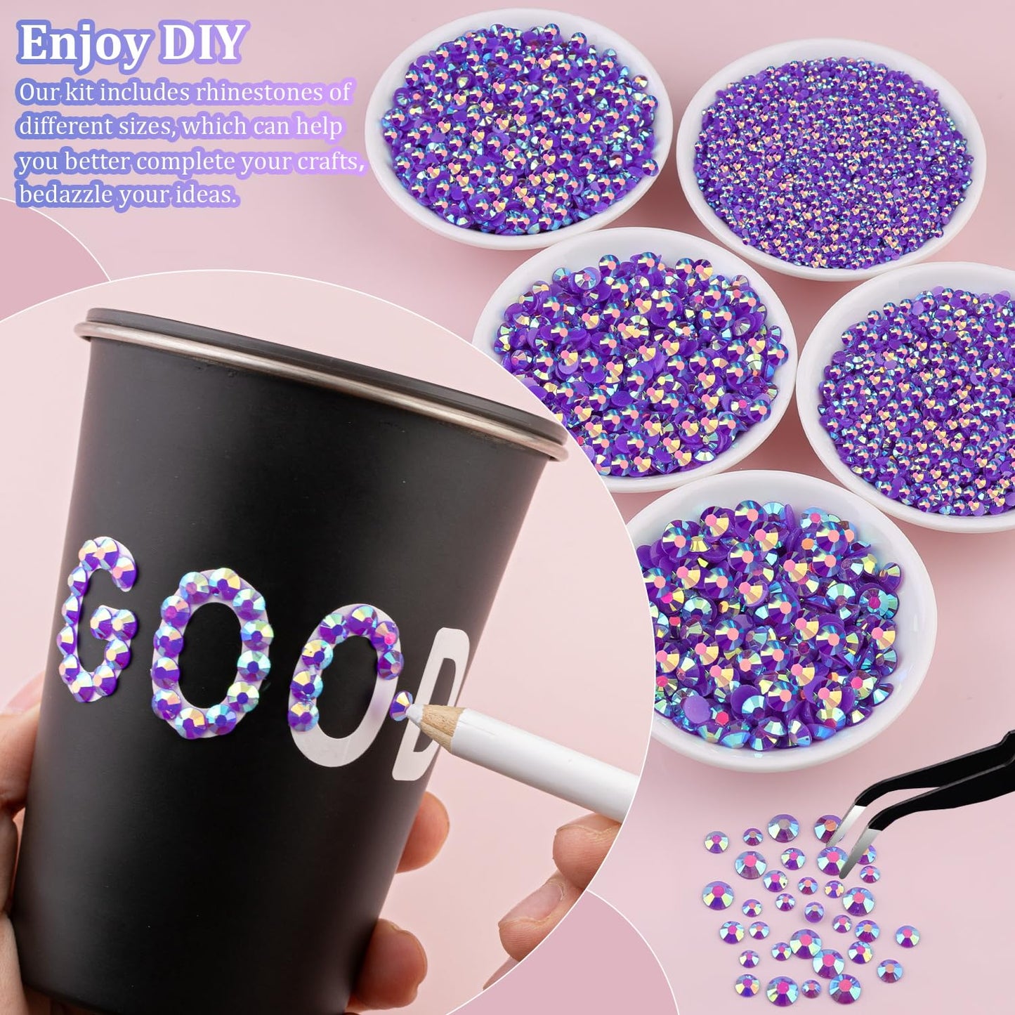 25000Pcs Resin Jelly Rhinestones with Tweezers for Crafting, Dark Purple AB Flatback Gems, Bedazzling Crystal with 3Pcs 10ml B7000 Jewelry Glue for DIY Crafts Clothing Tumblers Shoes Fabric Nail Art
