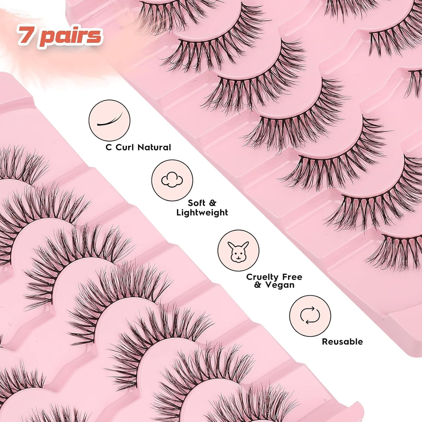 Eyelashes Natural Cat Eye Lashes Wispy C Curl 16mm Strip Lash False Eyelashes Fluffy Eye Lashes 3D Volume Wispy Eyelash Siligli 7 Pair