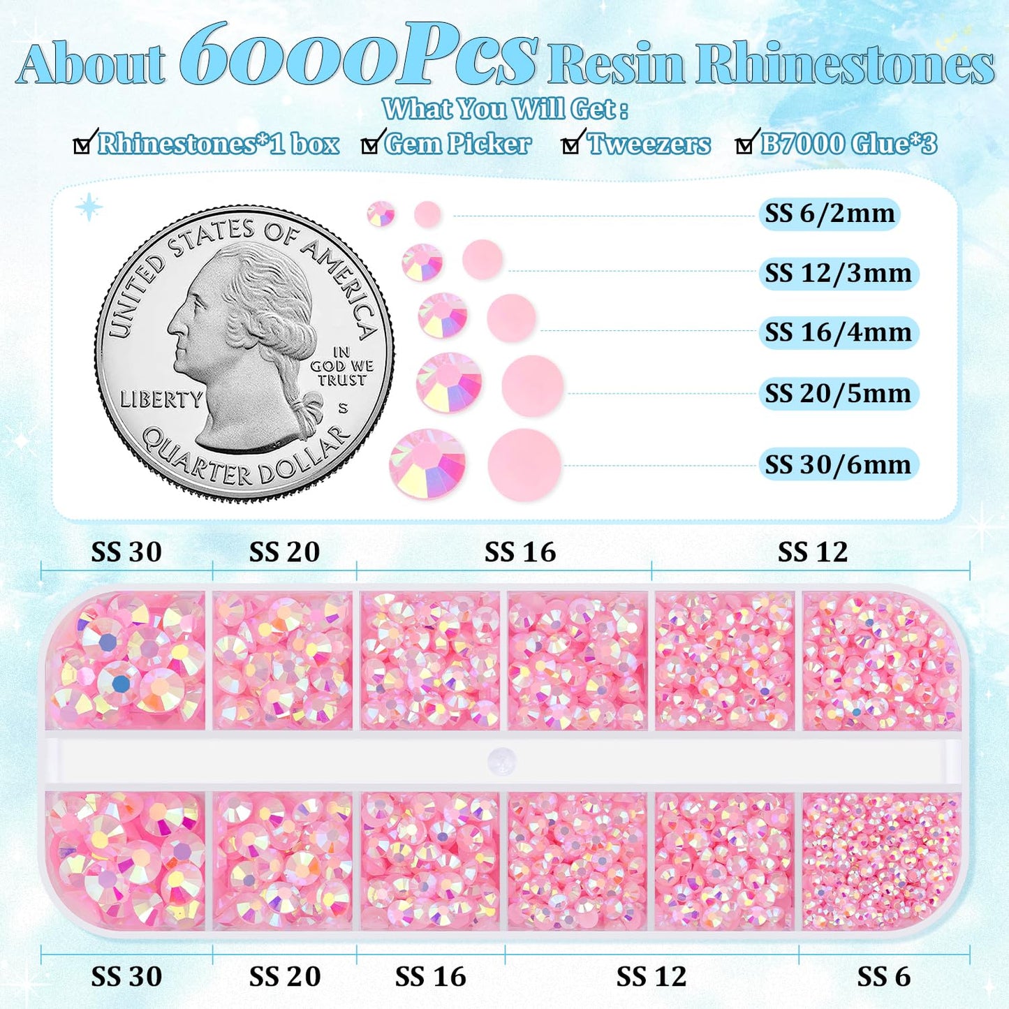 6000Pcs Resin Rhinestones for Bedazzling with 3Pcs B7000 Jewelry Glue, 1 Box Light Pink AB Flatback Rhinestones for Crafting Crafts DIY, Crystals Gems for Clothing Shoes Tumblers Nail Art Makeup