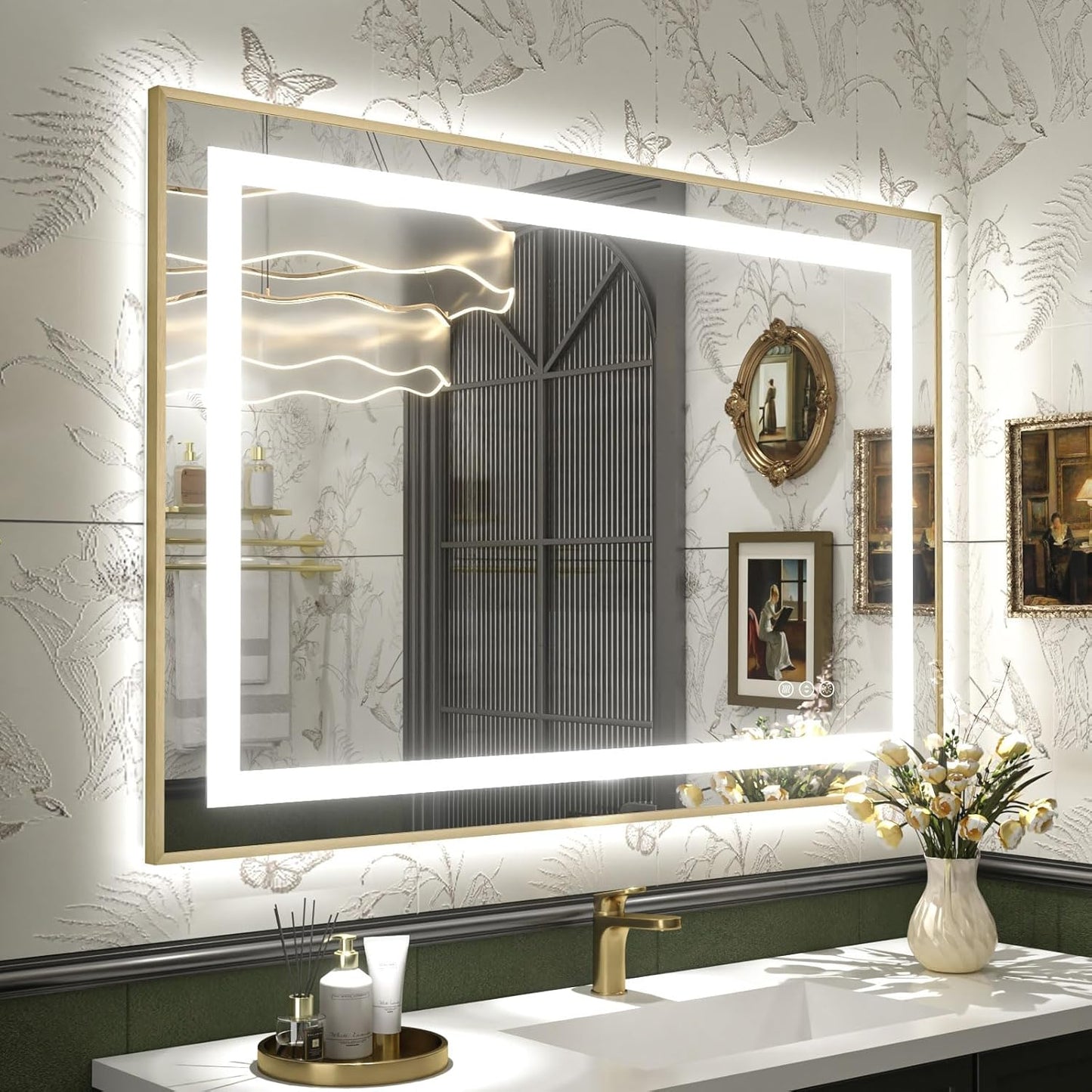 OKPAL 40x32 Gold Lighted Bathroom Mirror with Lights, Frontlit & Backlit LED Bathroom Mirror, Lighted Vanity Mirror, Anti-Fog, Dimmable 3 Colors, Shatterproof, Horizontal/Vertical