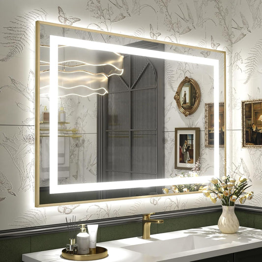 OKPAL 40x32 Gold Lighted Bathroom Mirror with Lights, Frontlit & Backlit LED Bathroom Mirror, Lighted Vanity Mirror, Anti-Fog, Dimmable 3 Colors, Shatterproof, Horizontal/Vertical