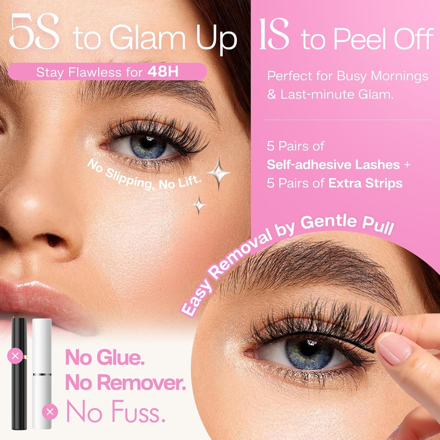 CALAILIS Self Adhesive Eyelashes 5 Pairs Natural Look Press On Lashes No Glue Need Eyelashes Reusable Cat Eye Wispy Self-adhesive False Lashes with Replacement Adhesive Strips (C130)