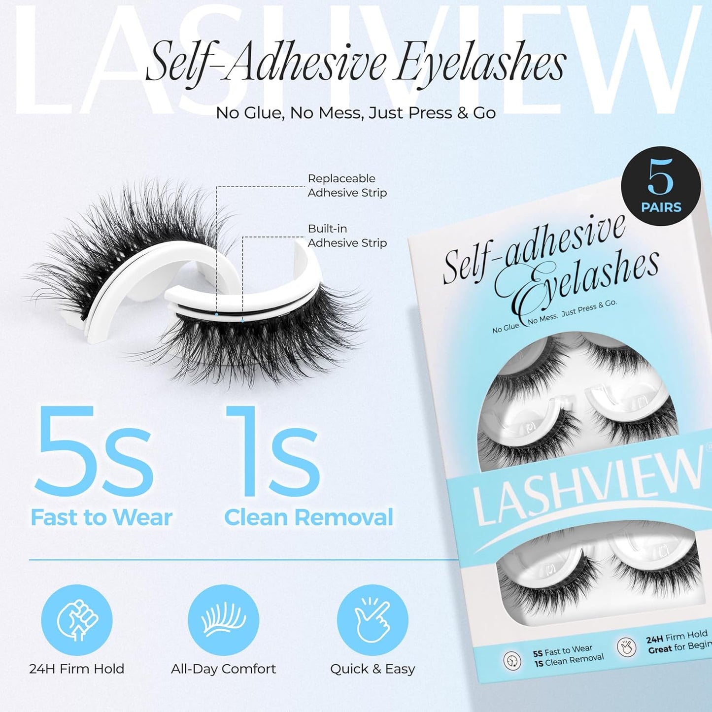 LASHVIEW Self Adhesive Eyelashes 5 Pairs Cat Eye Wispy Self-adhesive False Lashes Reusable Natural Look Press On Lashes No Glue Need Eyelashes with Replacement Adhesive Strips (CV122)