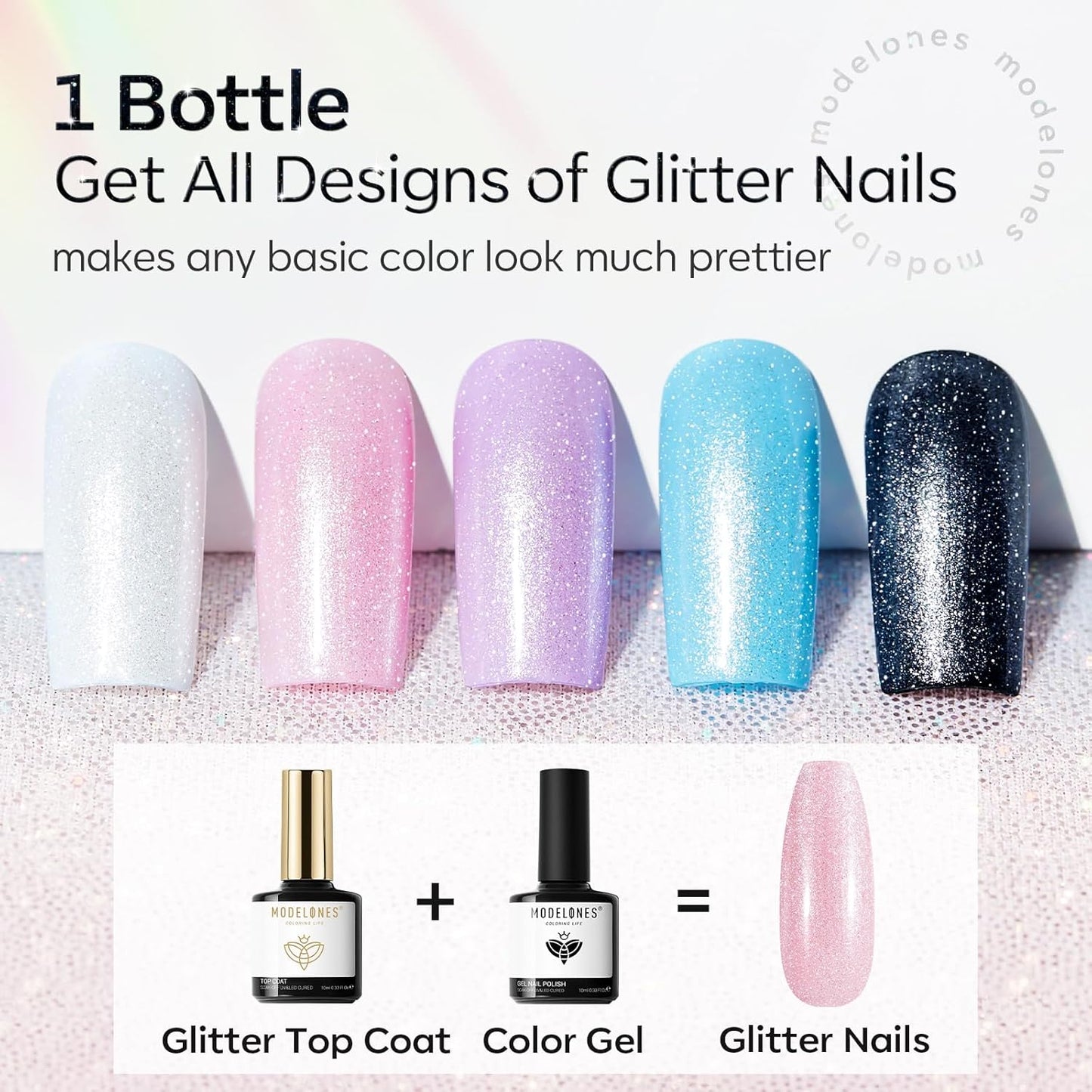 Modelones Glitter Gel Top Coat, Ultra Fine White Aurora Clear Glitter Gel Polish Glossy Sparkle Finish Long Lasting Soak Off Pearlescent Shimmer Manicure Nail Art Gift for Women Girls