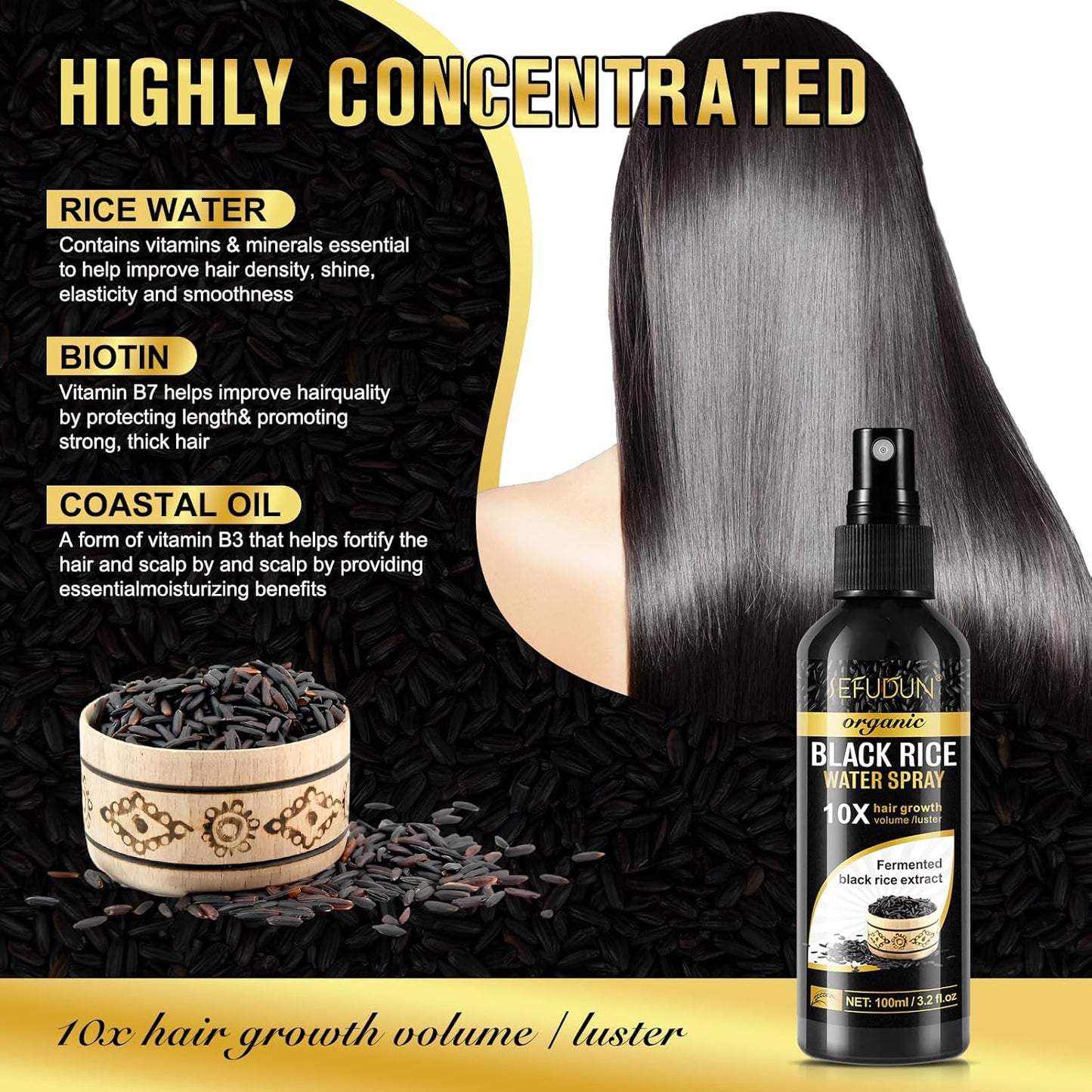 Organic Black Rice Water Spray for Hair Growth, A Solution with Castor Oil & Ginger Root Extract for Thicker, Fuller Hair, Targets Hair Loss and Repairs Damage 100ml/3.2 fl.oz (1 PC)