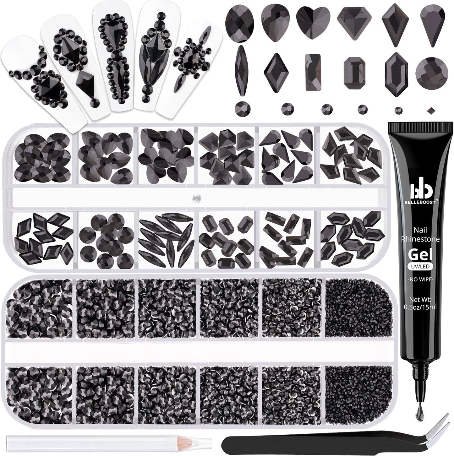 2630Pcs Black Glass Nail Rhinestones: 120Pcs Multi Shapes + 2510Pcs 1.5-4mm Round, Nail Art, Manicure, Craft Beads