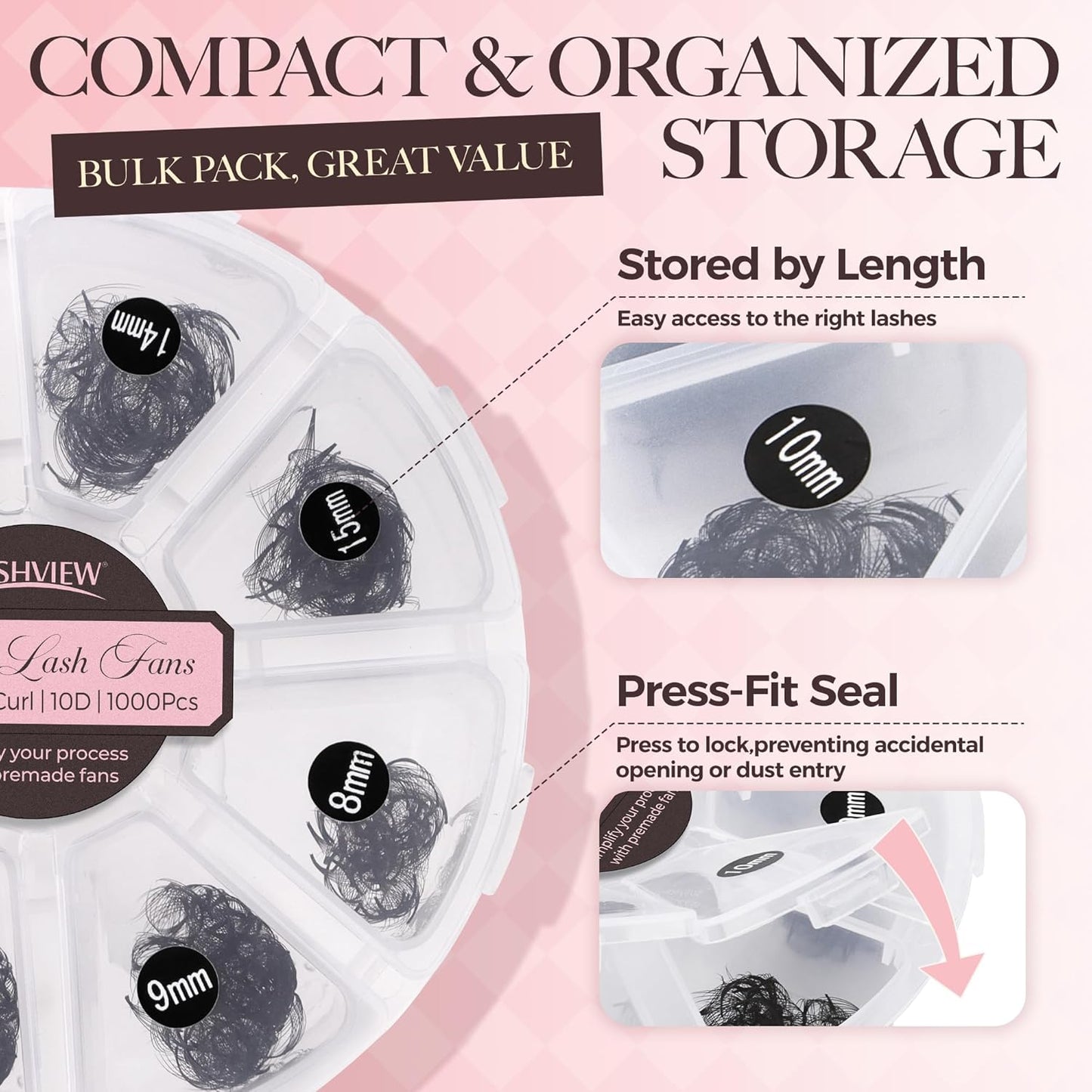 LASHVIEW 1000 Fans 10D Premade Volume Eyelash Extensions Mixed Tray Premade Fans Eyelash Extensions D Curl Premade Lash Fans Pointed Handmade Promade Loose Fans Thin Base (10D-0.07D,8-15mm)