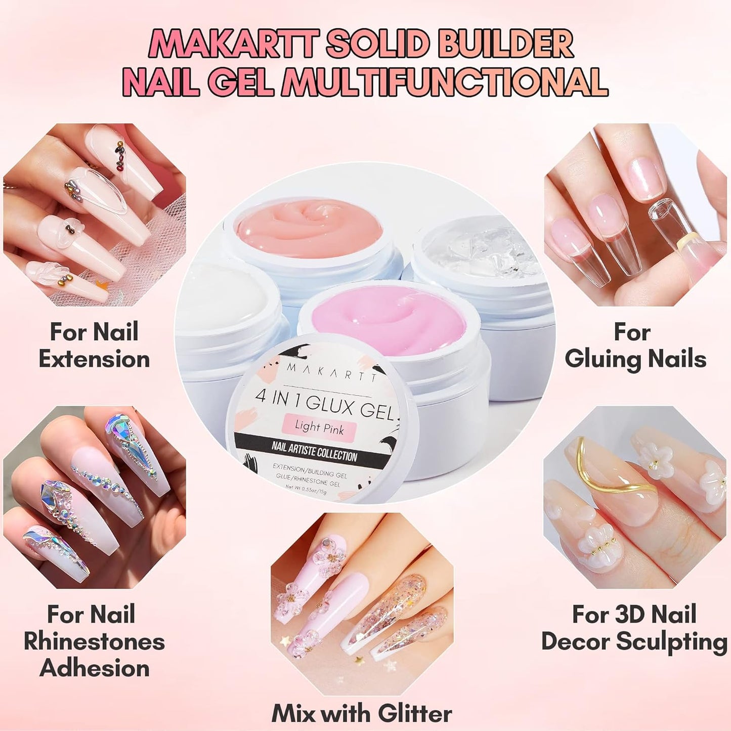 Makartt 3d Gel Nail Art Kit: Non-Stick-Hand Solid Gel Builder, All in One, Clear White Pink 4 Colors Base Top Coat UV LED Lamp File Dual Forms Picker Tool Cuticle Pusher Silicone Molds Sculpting Brush