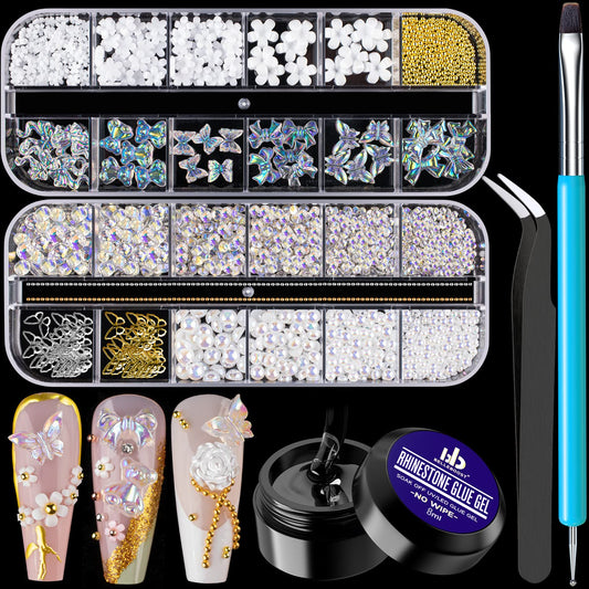 Mixed 3D Nail Art Gem Decoration Accessories Kit #5, Aurora Bear Bow Butterfly Starry AB Rhinestone Charm Jewelry for Deco, Pearl Flower Caviar Bead Stone Crystal with Dual-End Brush and Tweezer
