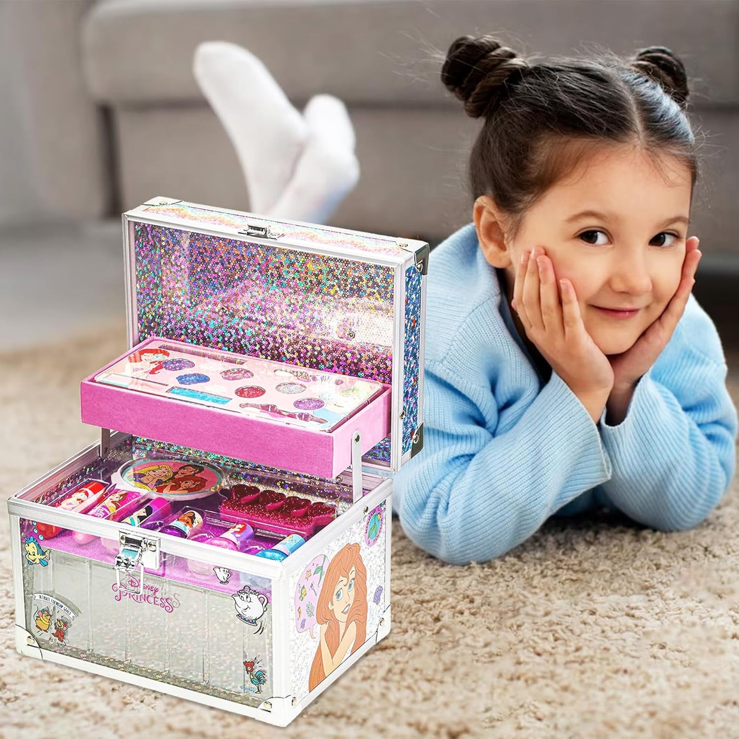 Disney Princess Train Case Girls Beauty Set, Kids Makeup Kit for Girls, Real Washable Toy Makeup Set, Play Makeup, Pretend Play, Party Favor, Birthday, Toys Ages 3 4 5 6 7 8 9 10 11 12