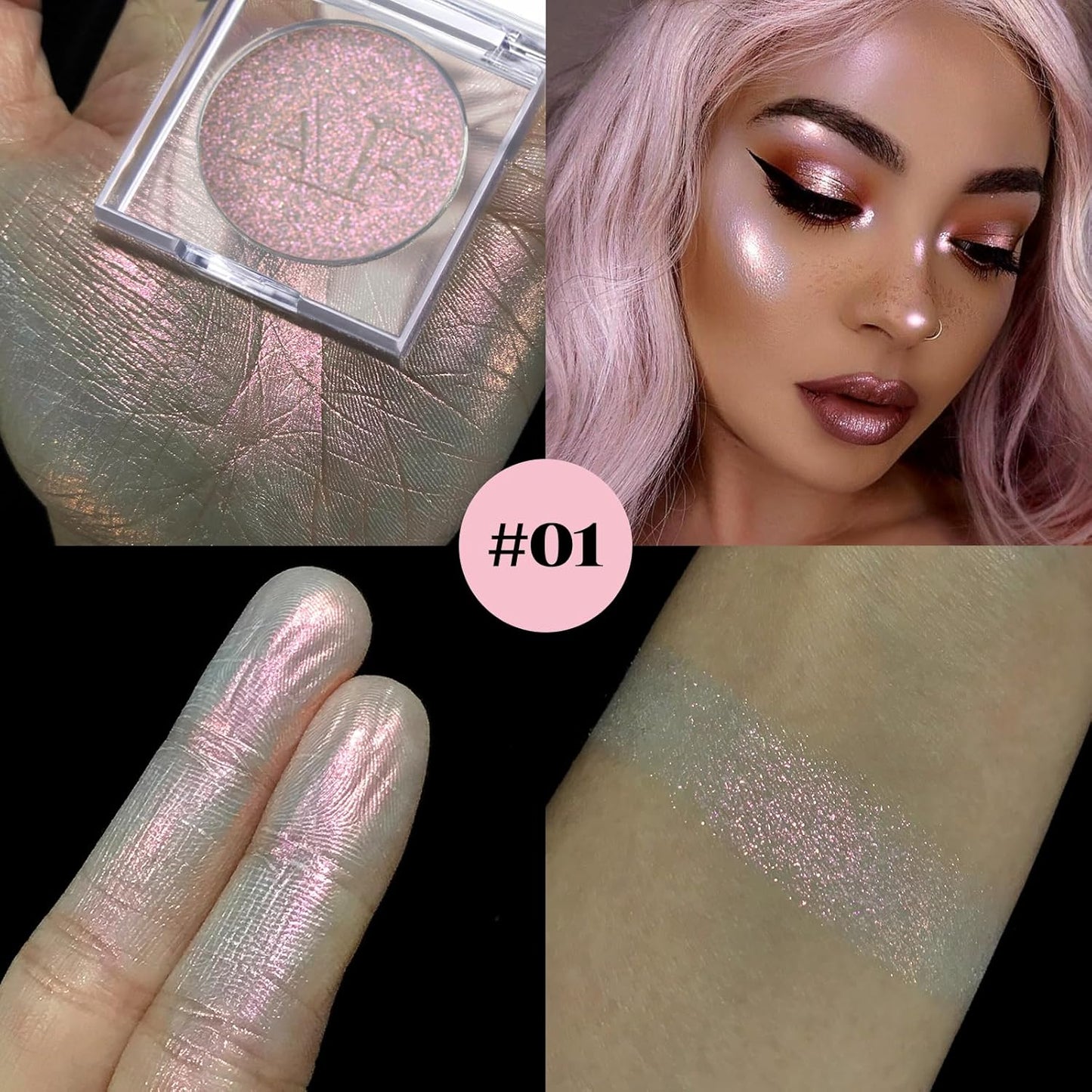Highlighter Makeup Palette, Long Lasting New Formula, Fairy-like Sheer Glow, Translucent Pink and Silver Shimmer, Ideal for Face and Body Contour and Cheek Highlight,#1