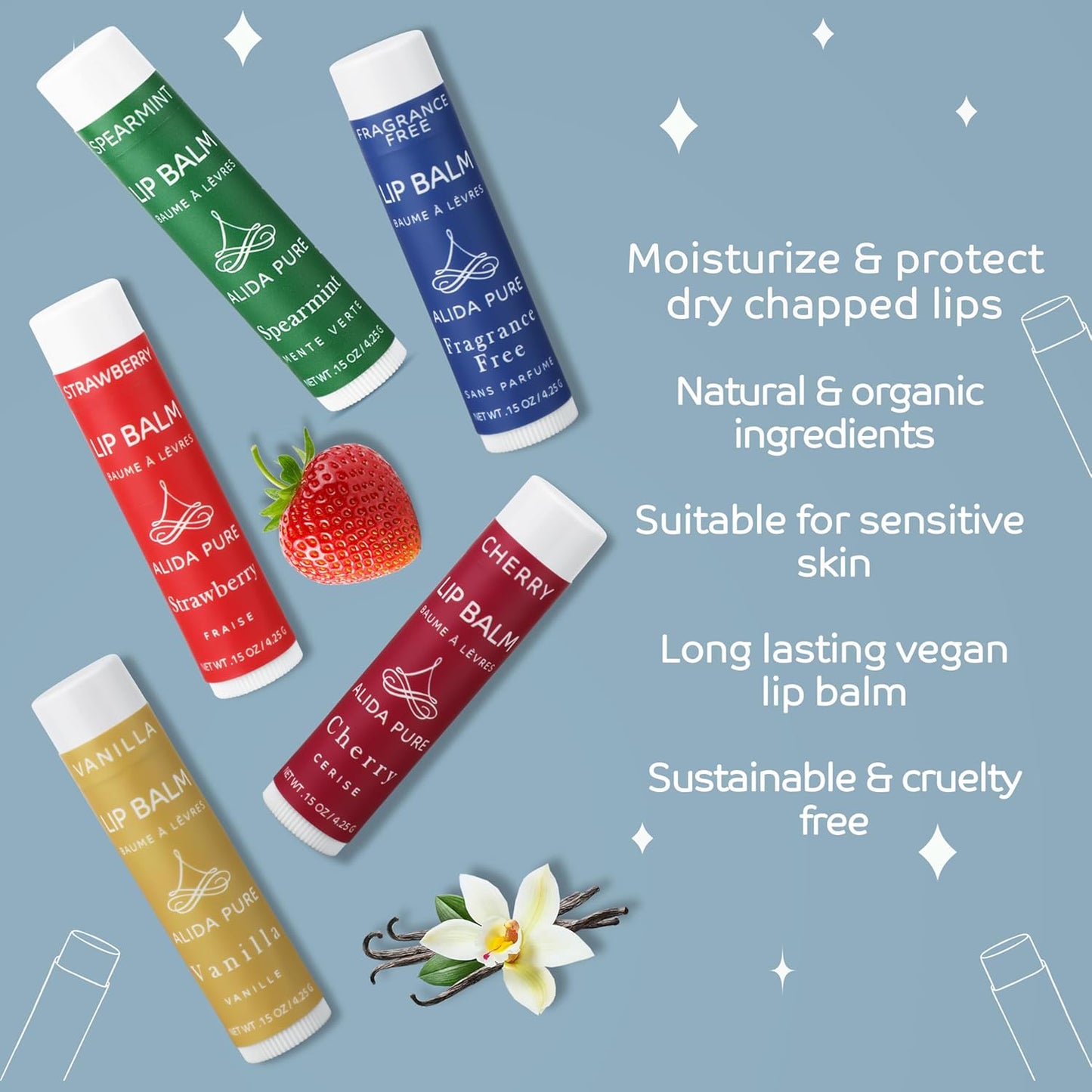 Melody Lip Balm Collection, Vegan Set, Beeswax Free, with Organic Jojoba and Avocado Oil, Vitamin E, Natural Moisturizer for Dry, Chapped Lips, 5 Tube Set