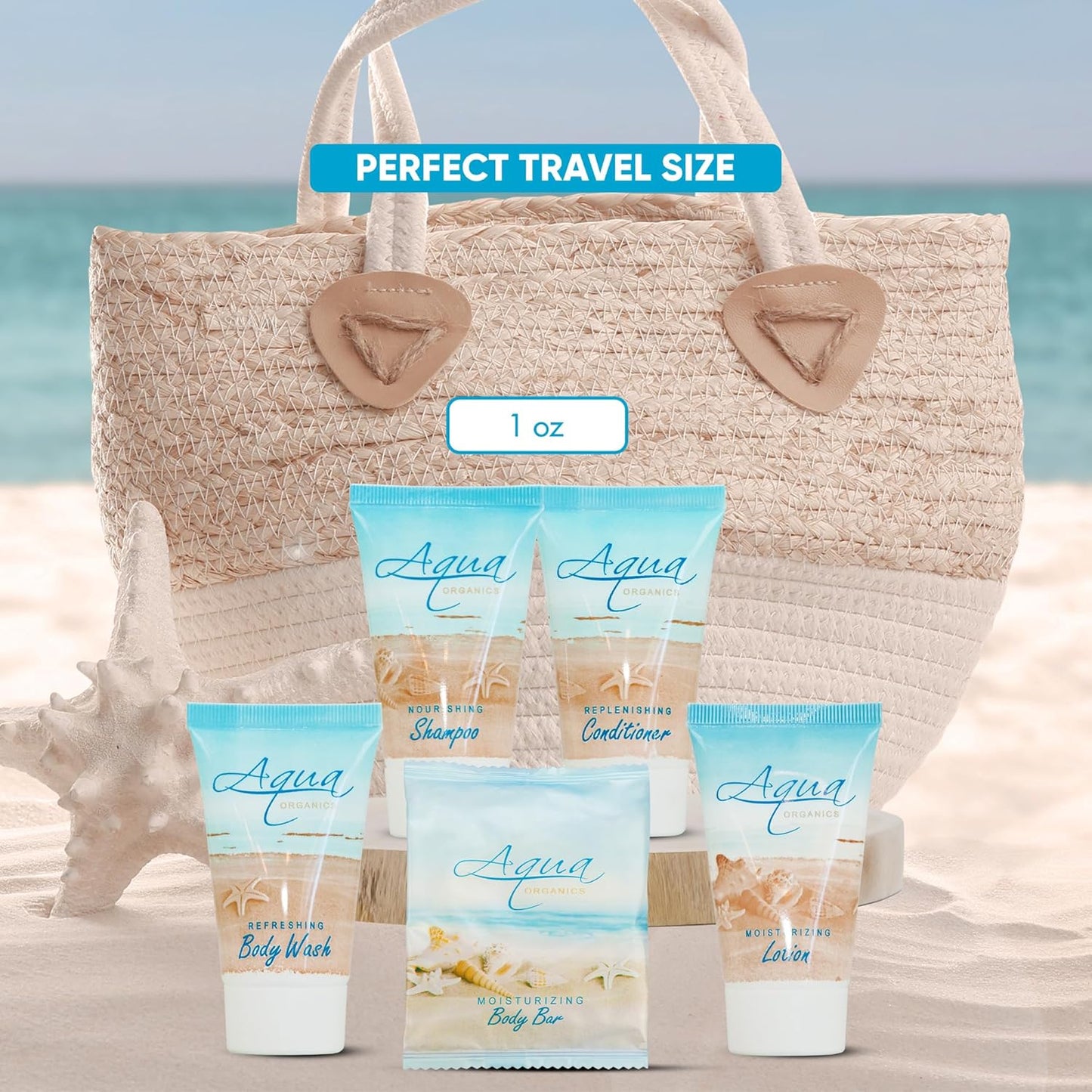 Aqua Organics Hotel Soaps and Toiletries Bulk Set | 1oz Hotel Shampoo & Conditioner, Body Wash, Body Lotion & 1oz Bar Soap Travel Size | Half Pallet 21 cases with 300 units each - 6,300 pieces