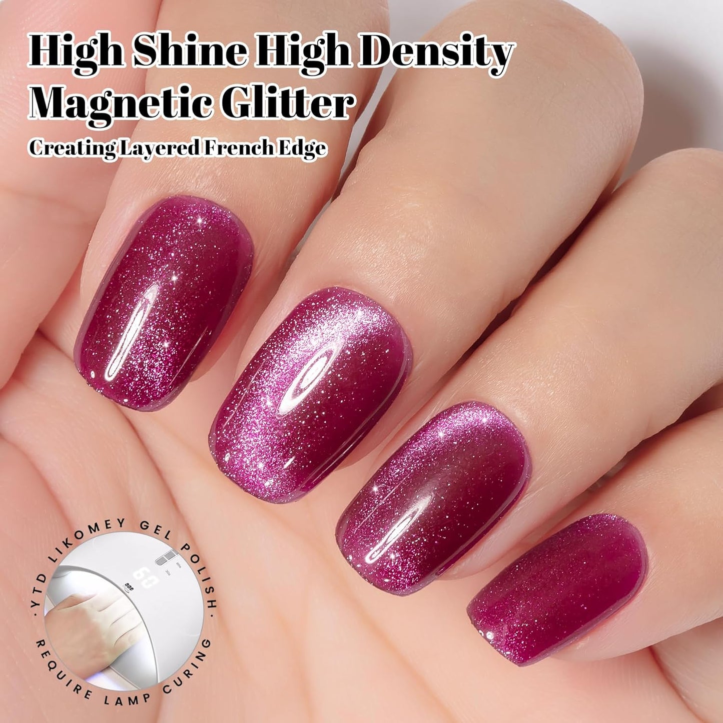 YTD Likomey Cat Eye Gel Nail Polish,15ml Bright Plum Pink Holographic Translucent Neutral Velvet Jelly Sheer Magnetic Dragon Fruit Shimmer Glitter Fall Winter UV Color Varnish with Magnet Stick,MY378