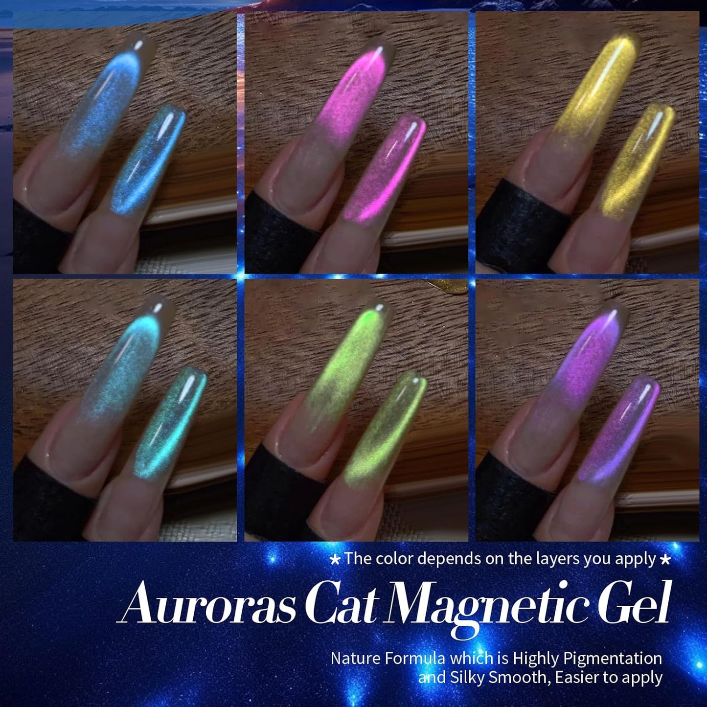 Born Pretty Cat Magnetic Eye Gel Nail Polish Aurora Mermaid Blue Purple Pink Yellow Red Gel Polish Glass Holographic Glitter Gel Nail Polish for Nail Art Manicure Salon DIY 6PCS 7ML