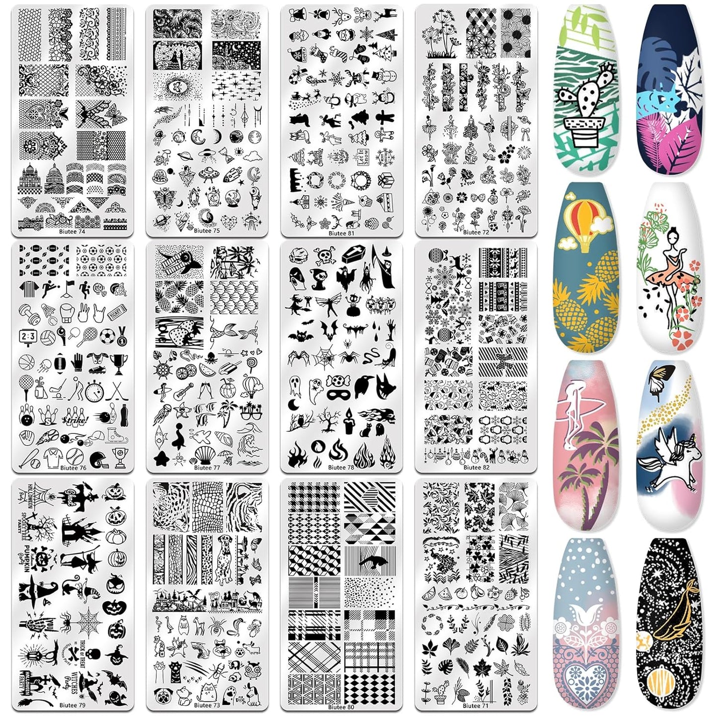 Biutee Nail Stamper Kit Nail Art Stamping Plate Set 8 Stamping Nail Polish Gel 12 Stamp Plate Jelly Silicone Stamper Flower Animal Lace Girl Star Rose Love Template Tool Supplies Halloween Design