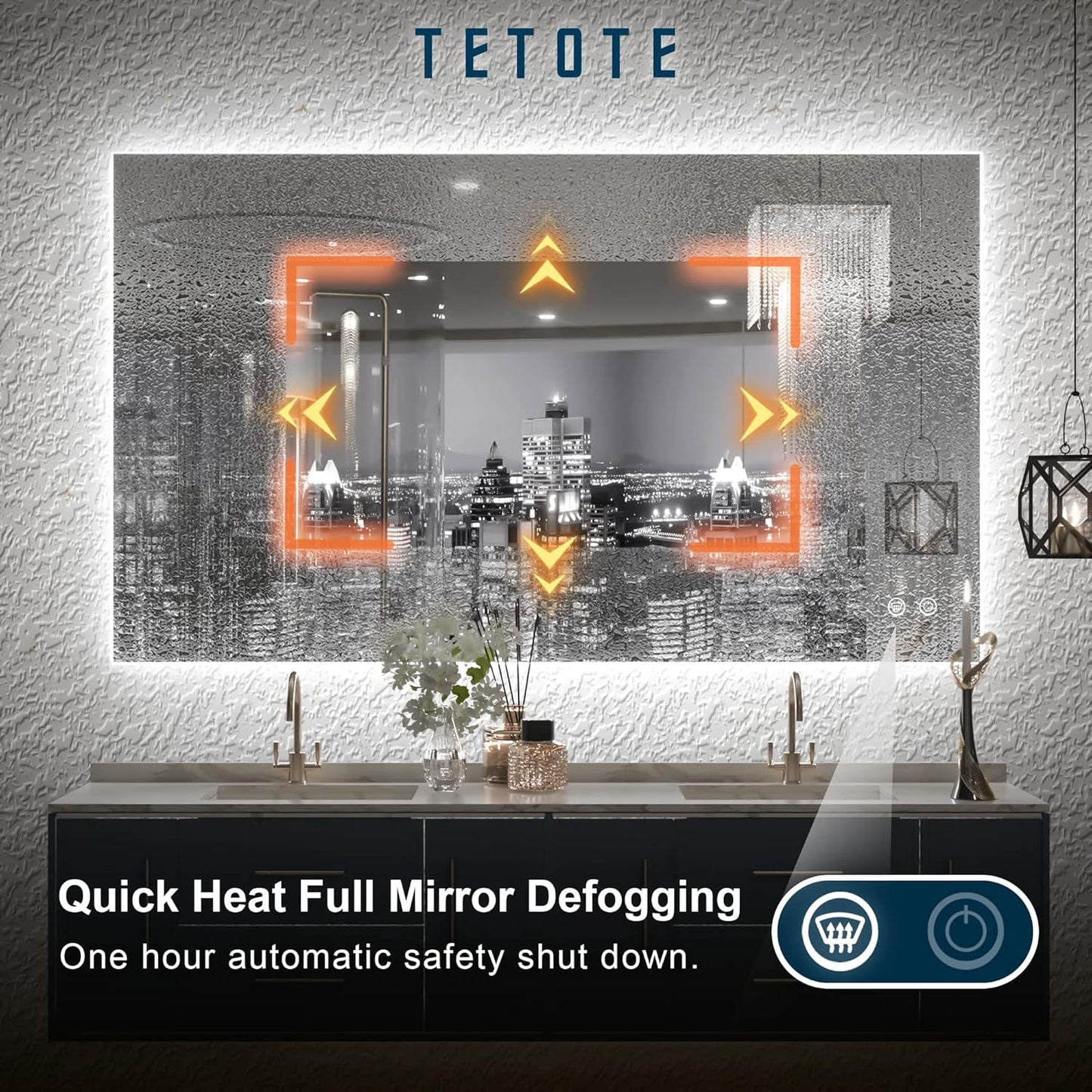 TETOTE 40 x 24 Inch LED Backlit Bathroom Vanity Mirror with Light,Anti-Fog,Dimmable,CRI90+,Touch Button,Water Proof,Horizontal/Vertical,Wall Mounted Lighted Mirror