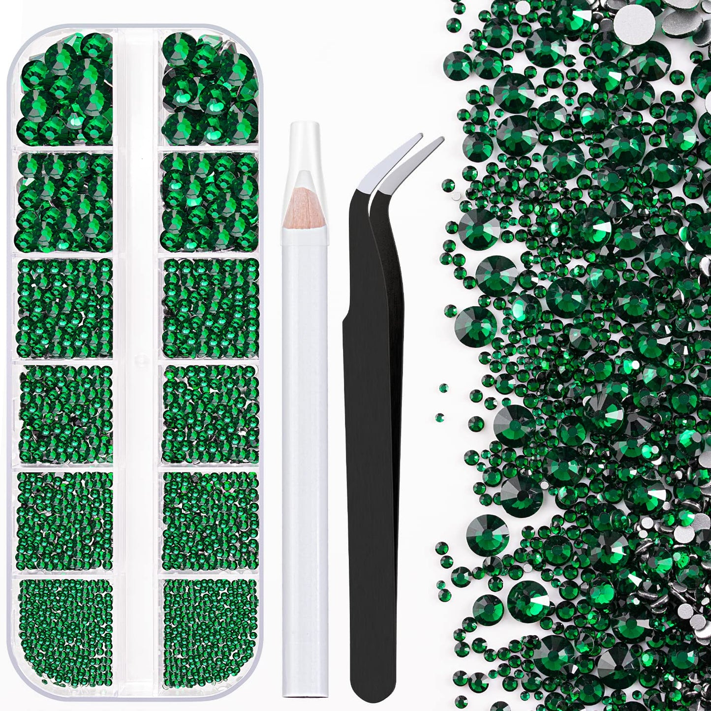 One Pack 2000 Pcs of Flatback Round Dark Green Rhinestones 6 Sizes (1.5-6 mm) with Nail Art Rhinestone Picker Pencil and Tweezers for DIY and Salon Use