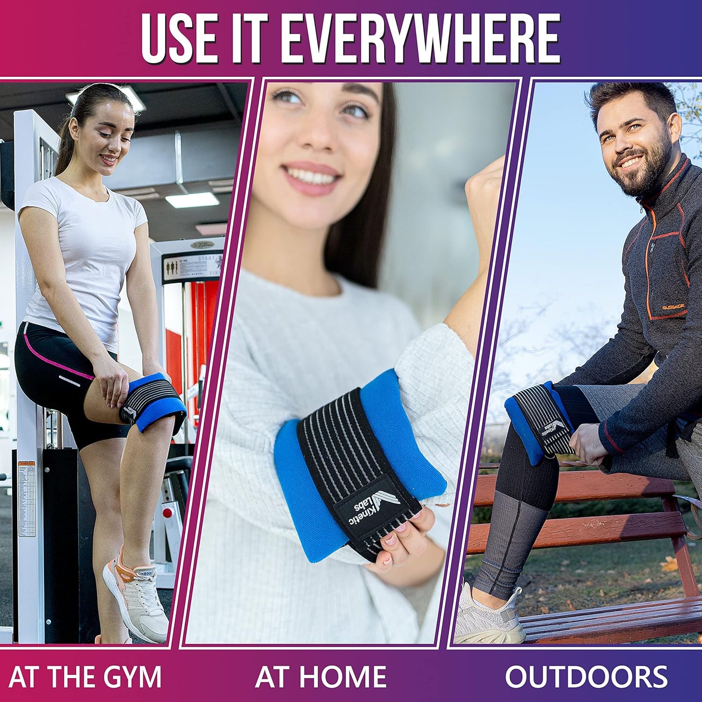 Ice Pack Wrap with Elastic Strap by Kinetic Labs - Hot Cold Gel Pack for Injuries - Reusable Ice Pack for Neck Foot Ankle Head Wrist Leg Shoulder Arm Thigh Knee Surgery (Regular)