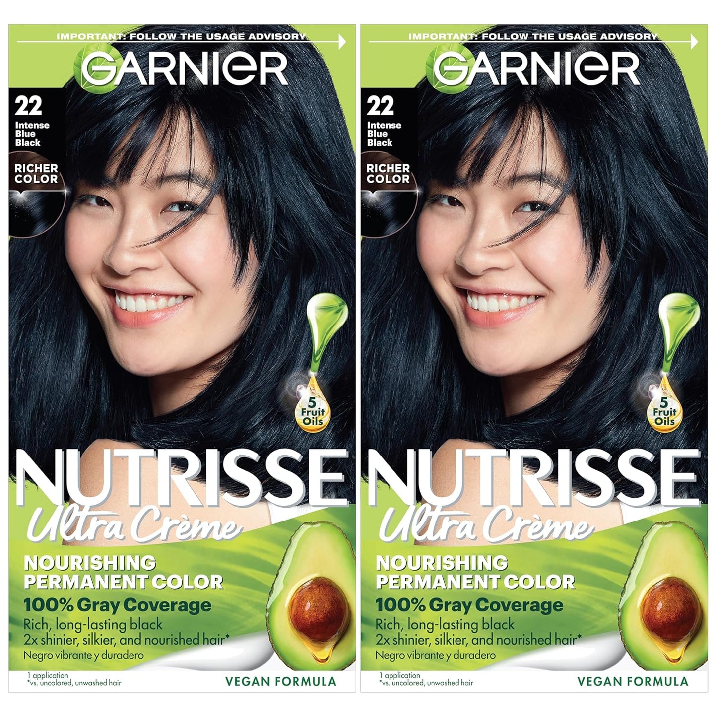 Garnier Hair Color Nutrisse Nourishing Creme, 22 Intense Blue Black (Mulberry) Permanent Hair Dye, 2 Count (Packaging May Vary)