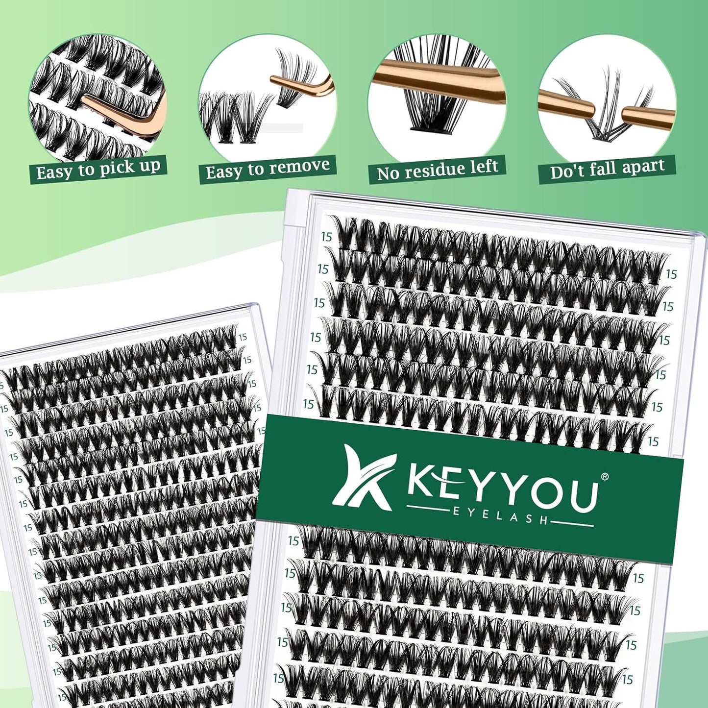 Lash Clusters 300pcs Individual Lashes 40D 0.07C Curl 15mm DIY Eyelash Extension KEYYOU Large Tray Volume Soft&Natural Cluster Lashes(40D-0.07C,15）