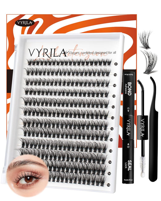 Lash Extension Kit-VYRILA 0.07mm Wispy C Curl Lash Clusters Kit 40P 8-16mix Individual Lashes with Lash Bond and Seal Waterproof,Lash Tweezers for DIY Lash Extension (Orange 40P Kit-C-8-16mix)