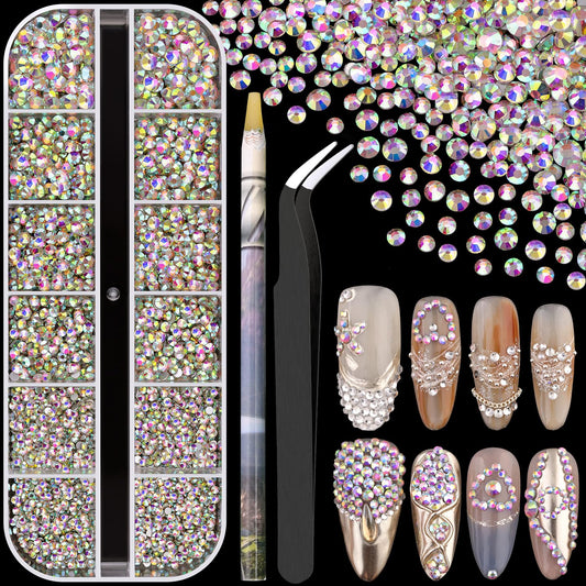 3600pcs Glass AB Nail Rhinestones 6 Sizes(1.8/2/2.4/2.8/3/4mm) Flatback Crystal Nail Charms Jewels Decoration for Nail Art and Crafting, Tweezer and Pickup Pen included