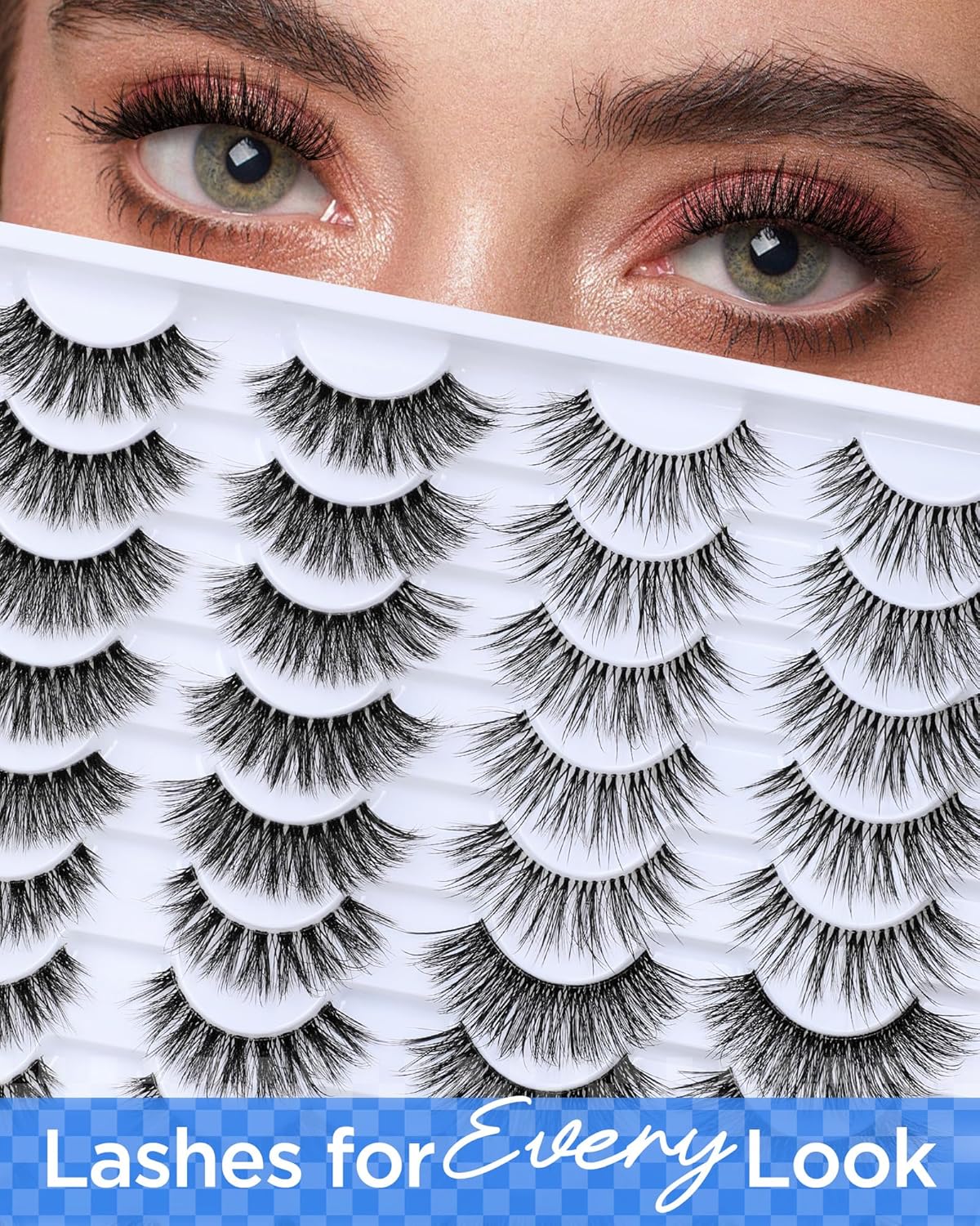BEYELIAN Fake Eyelashes Strip 20 Pairs Fluffy Cat Eye Lashes Soft and Lightweight False Lashes 3D Volume Faux Mink Lashes Luxurious Lash Pack, Reusable, Easy to Apply (20P-HSCS-MIX-2)