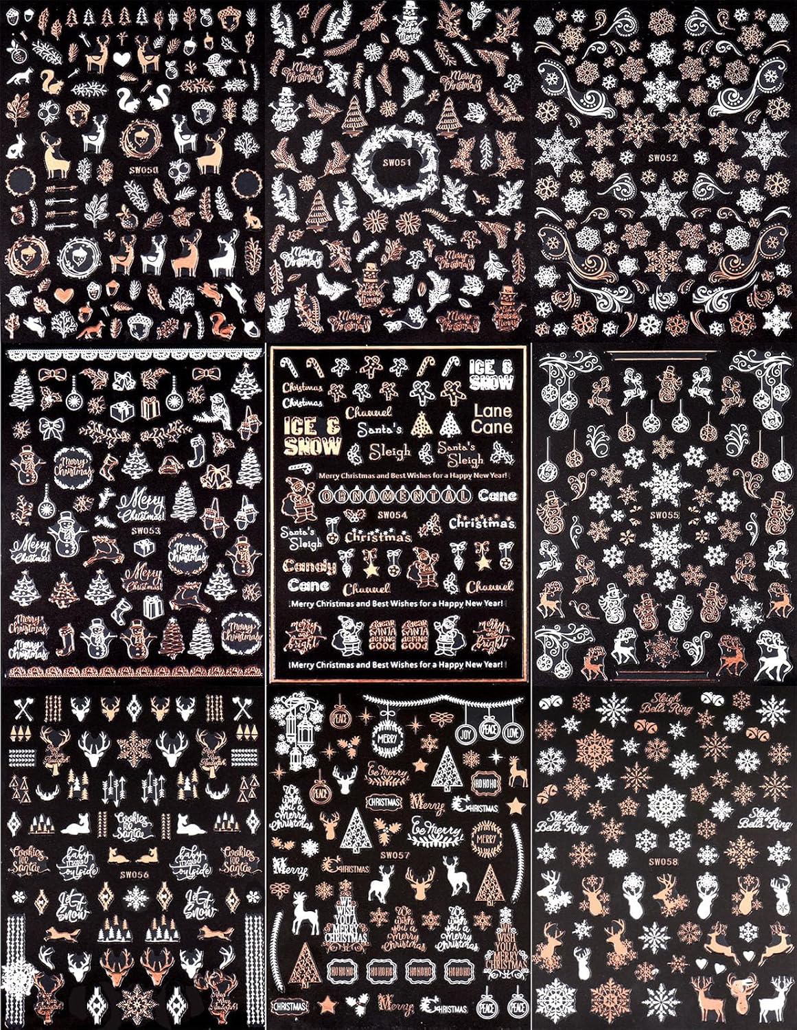 9 Sheets Christmas Nail Art Stickers Decals Self-Adhesive Pegatinas Uñas Rose Gold Snowflake Tree Winter Nail Supplies Nail Art Design Decoration Accessories
