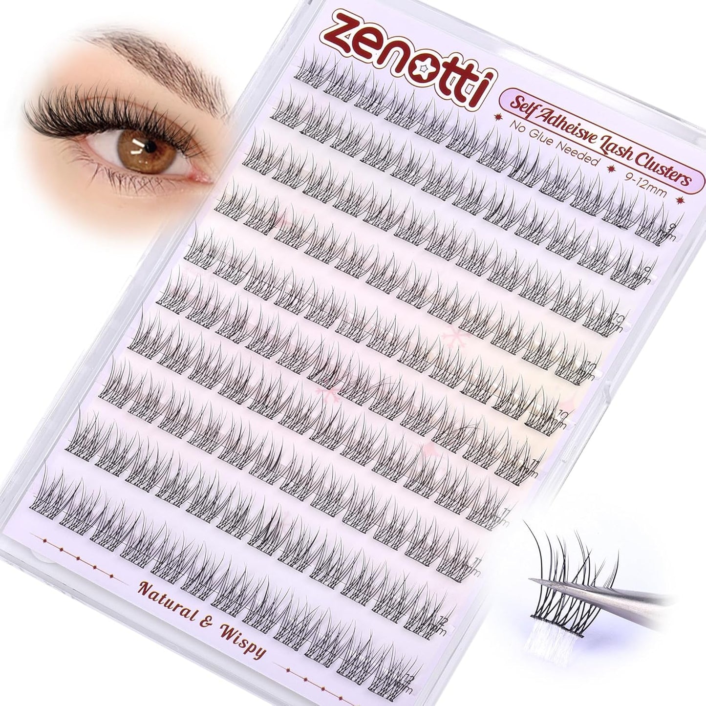Natural Self Adhesive Clusters Lashes No Glue Self Adhesive Wispy Cluster Eyelashes Extensions Pre-glued Lashes Cluster Reusable C-Curly Individual Lashes 9-12mm Press on Lash by zenotti