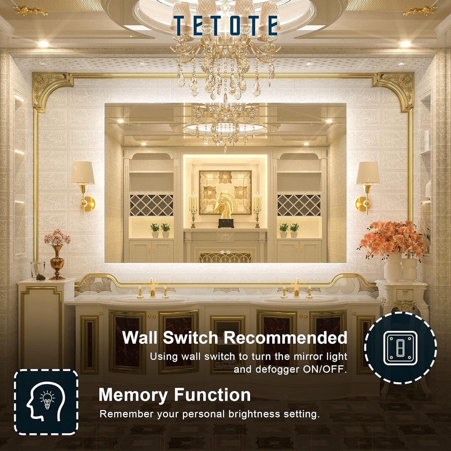 TETOTE 60 x 40 Inch LED Backlit Bathroom Mirror with Light,Anti-Fog,Dimmable,CRI90+,Water Proof,Vanity Lighted Mirror,Wall Mounted(Horizontal/Vertical)