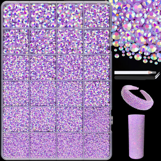 25000Pcs Resin Jelly Rhinestones with Tweezers for Crafting, 2-6mm Mixed Sizes (Lavender Purple AB) Non Hotfix Flatback Gems, Bedazzling Crystal for DIY Crafts Clothing Tumblers Shoes Decor Nail Art