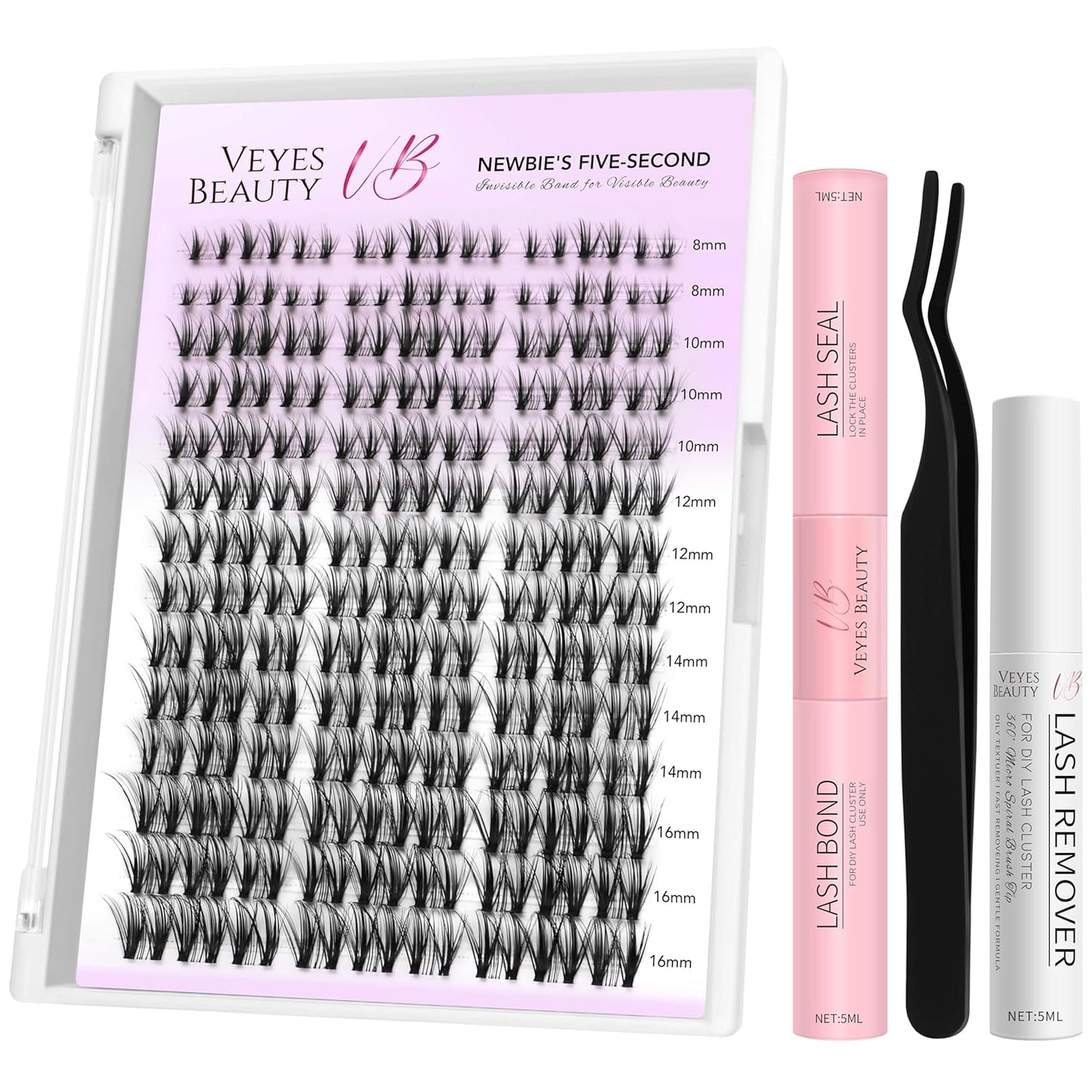 VEYESBEAUTY Lash Clusters Kit Eyelash Extensions Thin & Invisible Band DIY Individual False Eyelashes Newbie's Five-Second Series Lash Tray for Self-application, Whisper Lash 8-16mm Mixed Length