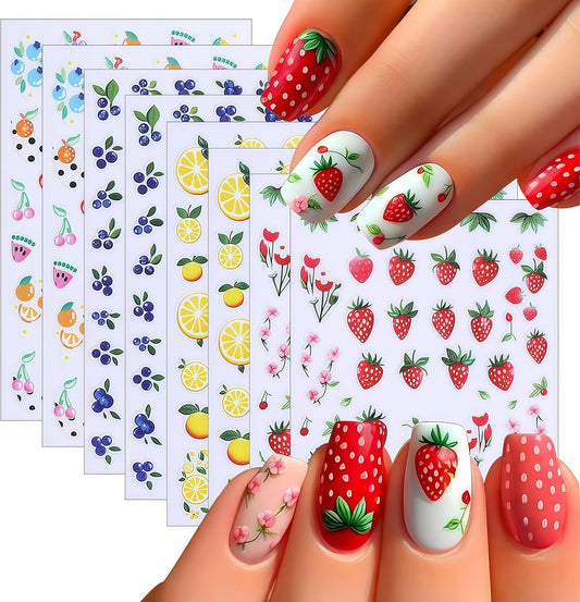 Summer Fruit Nail Art Stickers 3D Self-Adhesive Lemon Strawberry Blueberry Summer with Flower Design Decals Cute Fruit Sticker for Nails Women DIY Manicure Decorations 8 Sheets