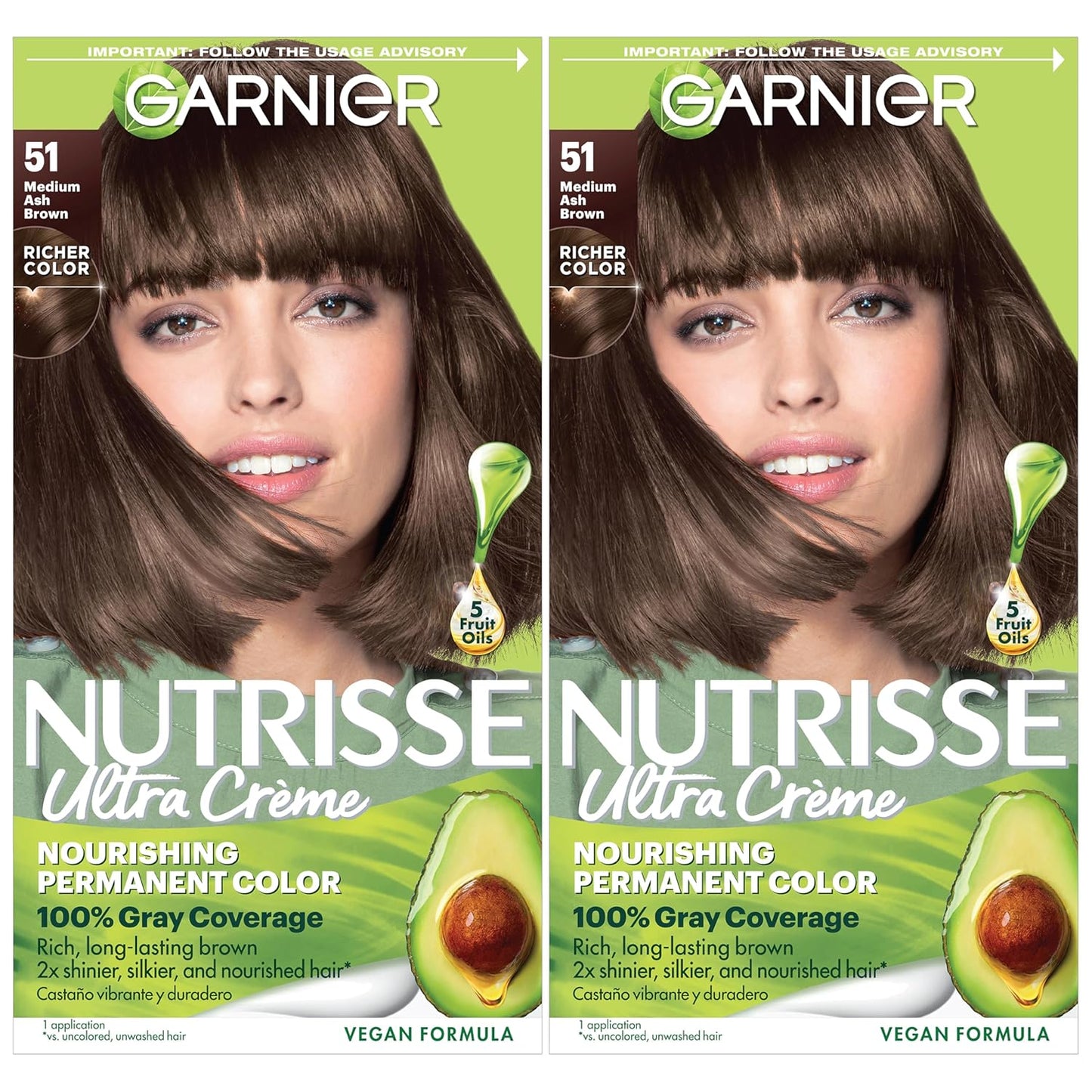 Garnier Hair Color Nutrisse Nourishing Creme, 51 Medium Ash Brown (Cool Tea) Permanent Hair Dye, 2 Count (Packaging May Vary)