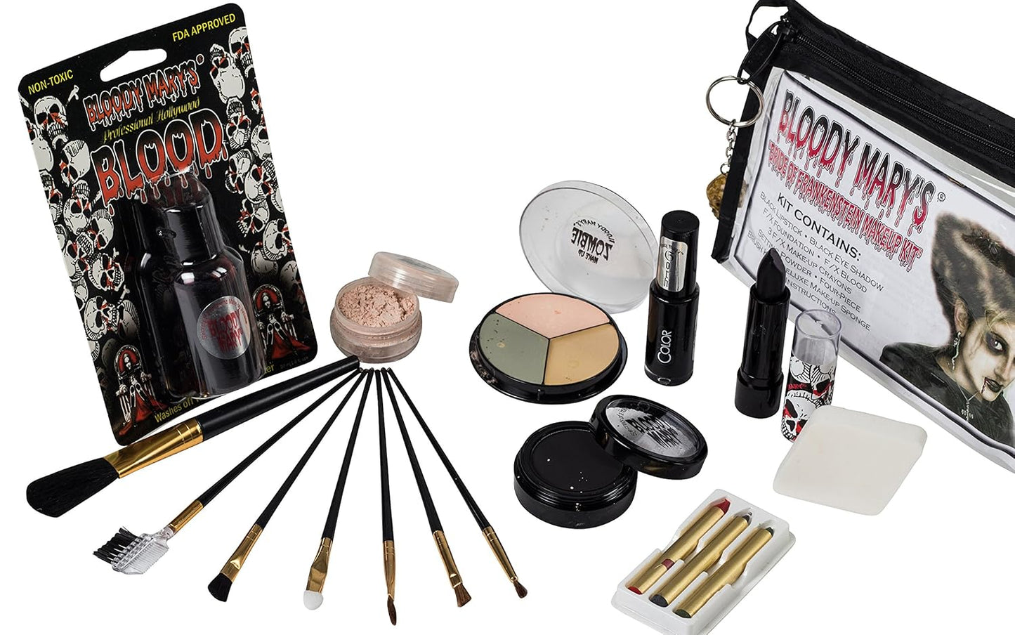 Bride Of Frankenstein Special Effects Makeup Kit - By Bloody Mary - Professional Halloween Monster SFX Makeup - Includes Lipstick, Foundation, Setting Powder, 3 Crayons, 4 Brushes, Eye Shadow & Sponge