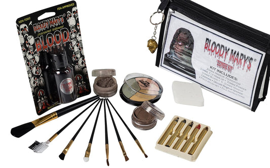 Zombie Makeup Kit By Bloody Mary - Halloween Costume Special Effects Palette - Walking Dead FX Makeup Tools - 5 Crayons, Blood, Setting Powder, 4 Application Brushes, 1 Sponge - Carrying Case Included