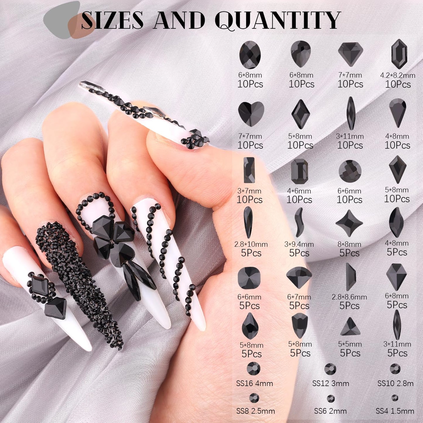 1680Pcs Black Glass Nail Rhinestones 180Pcs Multi Shapes Flatback Nail Gems + 1500Pcs 1.5-4mm Round Crystal, Manicure Nail Charms Diamond Gemstones for Acrylic Nails Decoration
