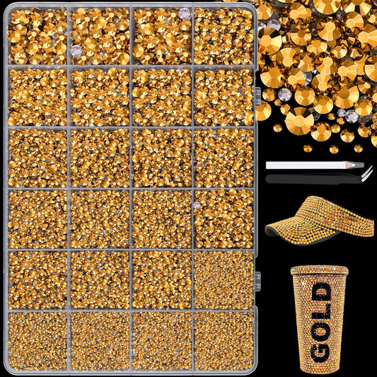 25000Pcs Resin Jelly Rhinestones with Tweezers for Crafting, 2-6mm Mixed Sizes (Copper Gold) Non Hotfix Flatback Gems, Bedazzling Crystal for DIY Crafts Clothing Tumblers Mugs Shoes Nail Art