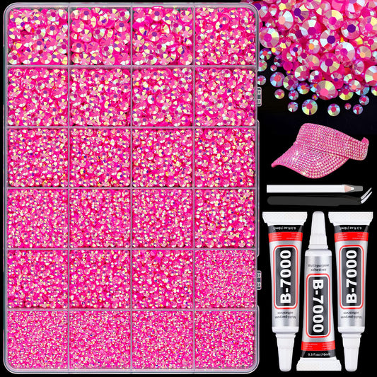 25000Pcs Resin Rhinestones with B7000 Jewelry Glue for Crafting, Hot Pink AB 2-6mm Non Hotfix Flatback Gems, Bedazzling Crystal for DIY Crafts Clothing Tumblers Mugs Shoes Fabric Decor Nail Art